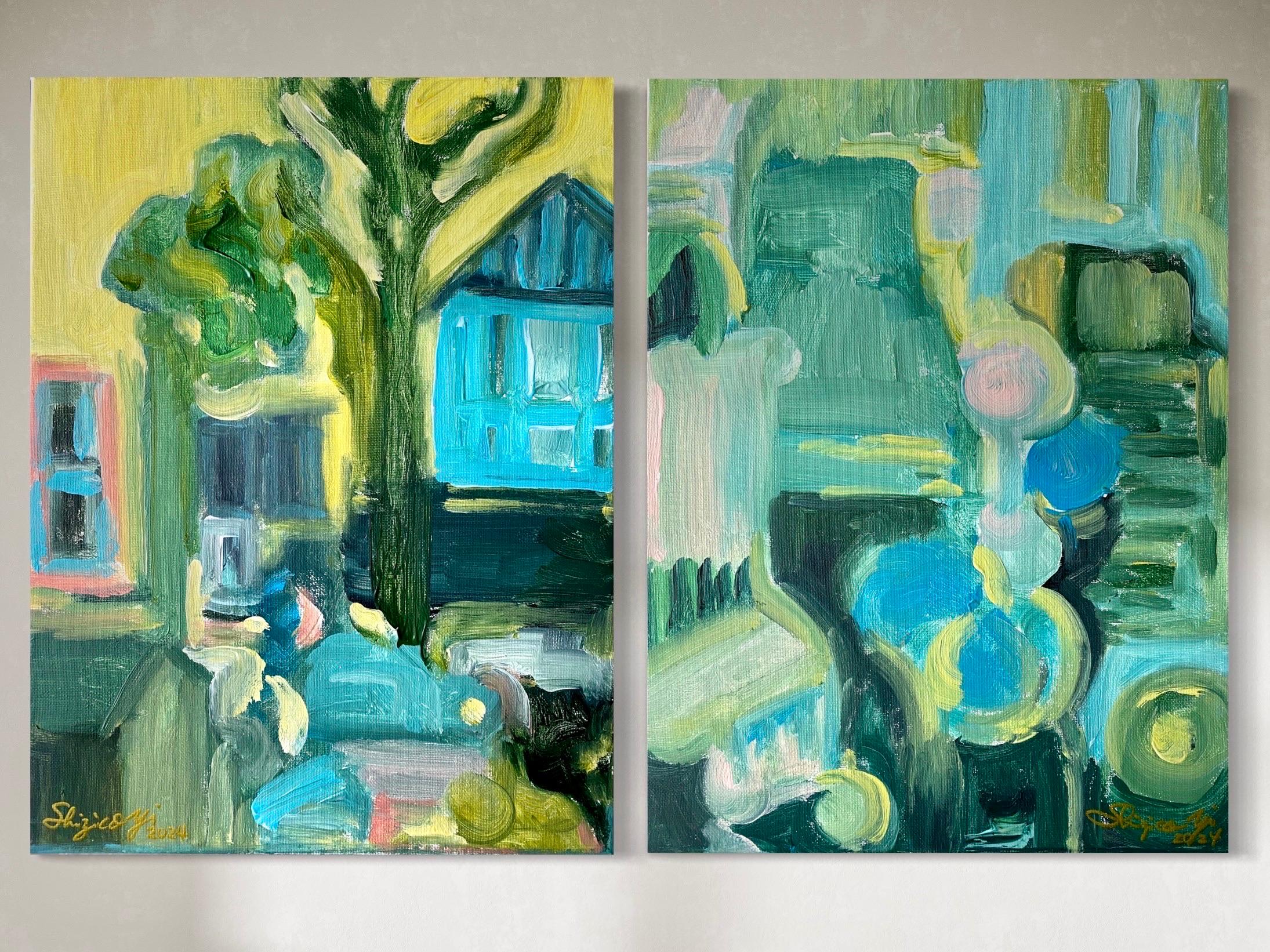 Shizico Yi Abstract Painting – Original Diptychon-Spring Duet-British Awarded Artist-abstrakte Landschaft, Ölgemälde