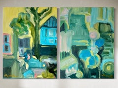 Díptico original-Dúo de primavera-Artista británico galardonado-paisaje abstracto-oil canva