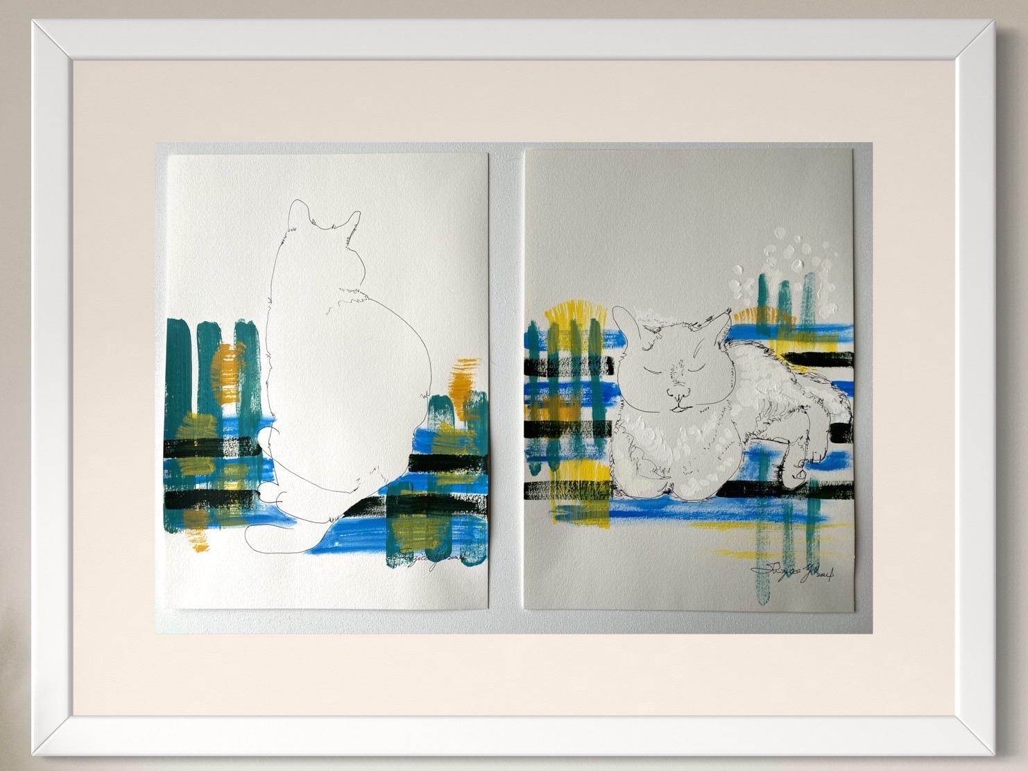 Shizico Yi Landscape Art - Breakfast with Cat Series-Original Set-British Award Artist-oil, ink on papers