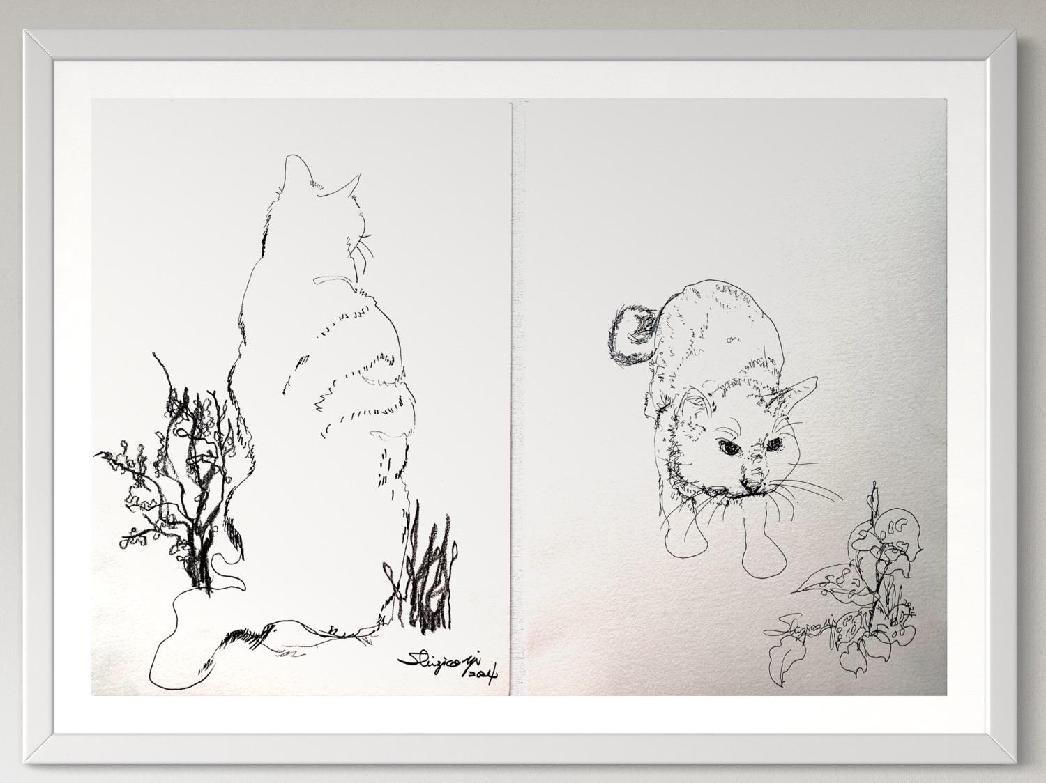 Shizico Yi Animal Art – Original Set-Breakfast mit Katze-Serie-British Award Künstler-Tinte auf Papieren-UK-Kunst