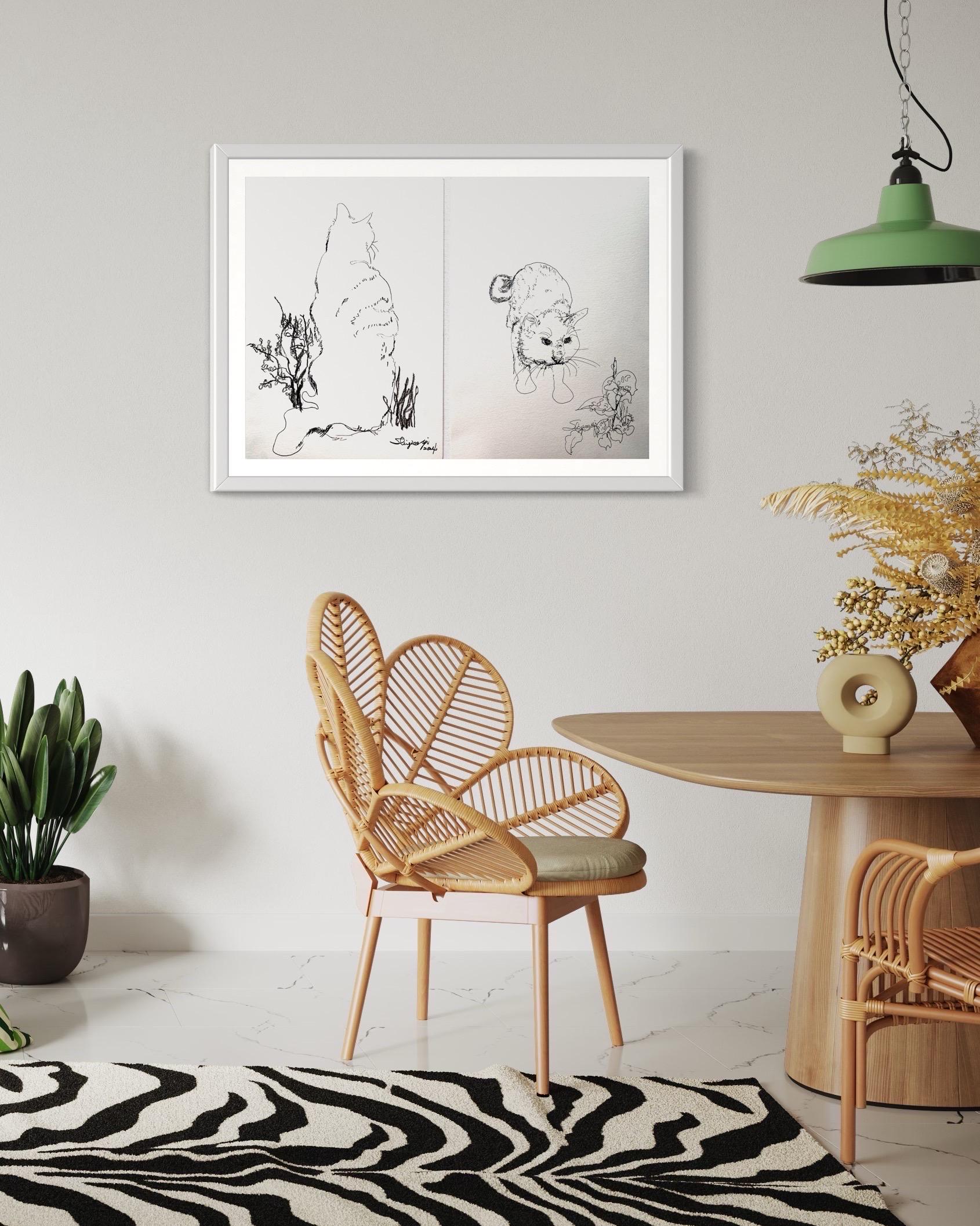 These two drawings as a set, encapsulate the enchanting moments experienced during a series of breakfasts at Shizico Yi's Scotland home. Created plein air and in situ, these scenes unfold over consecutive mornings, with Shizico's cherished cat as