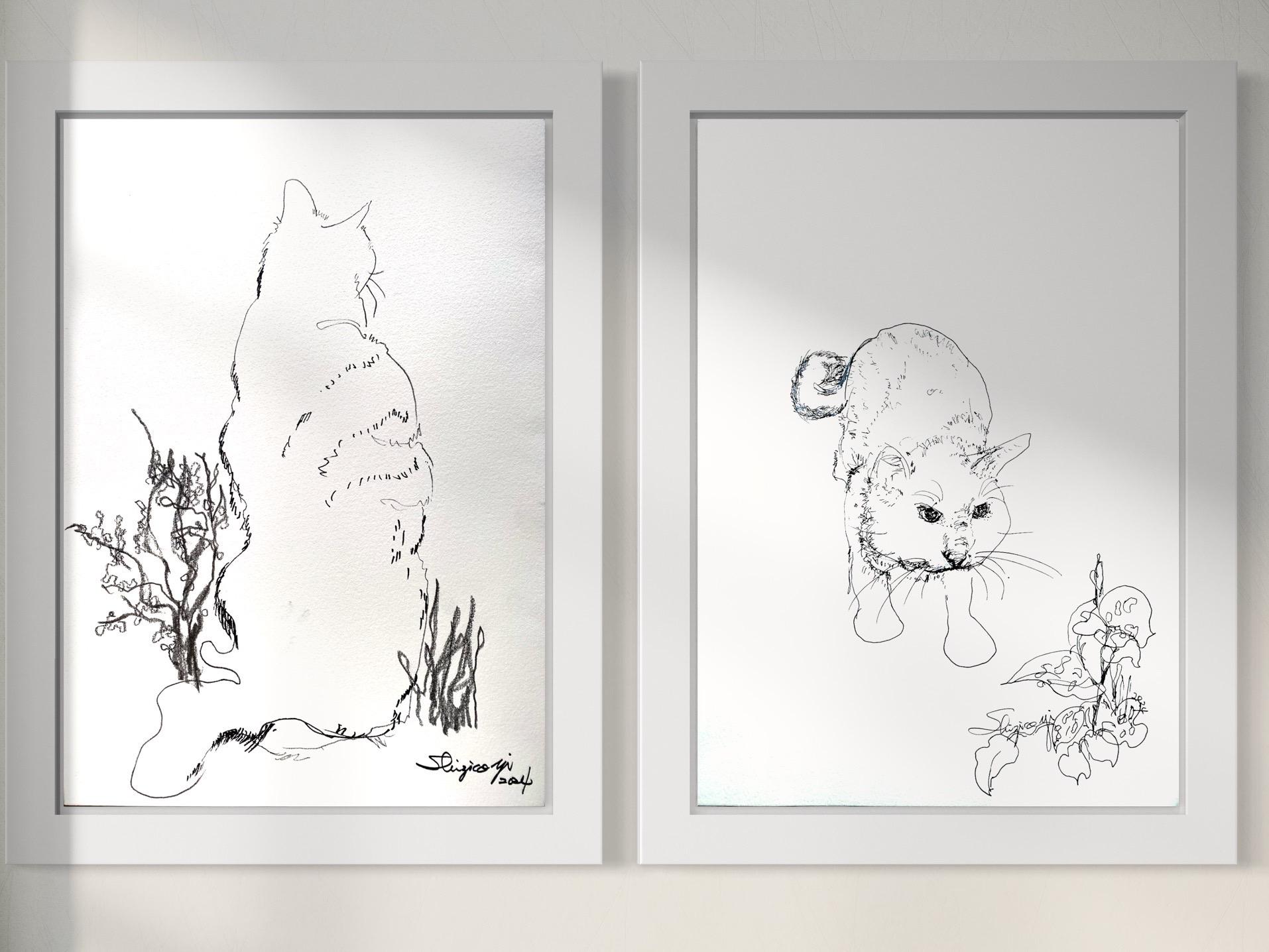 Shizico Yi Animal Art - Breakfast with Cat-Rest, Play, Repeat-Original Set-British Awarded Artist-ink 