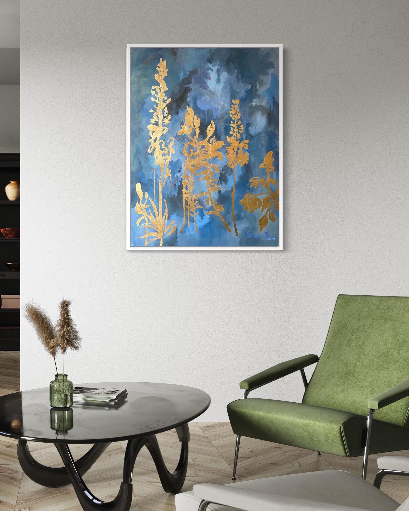 Original-Grande-Verano-Florecimiento en la noche-Artista premiado en Gran Bretaña-Exposición en pan de oro - Painting de Shizico Yi