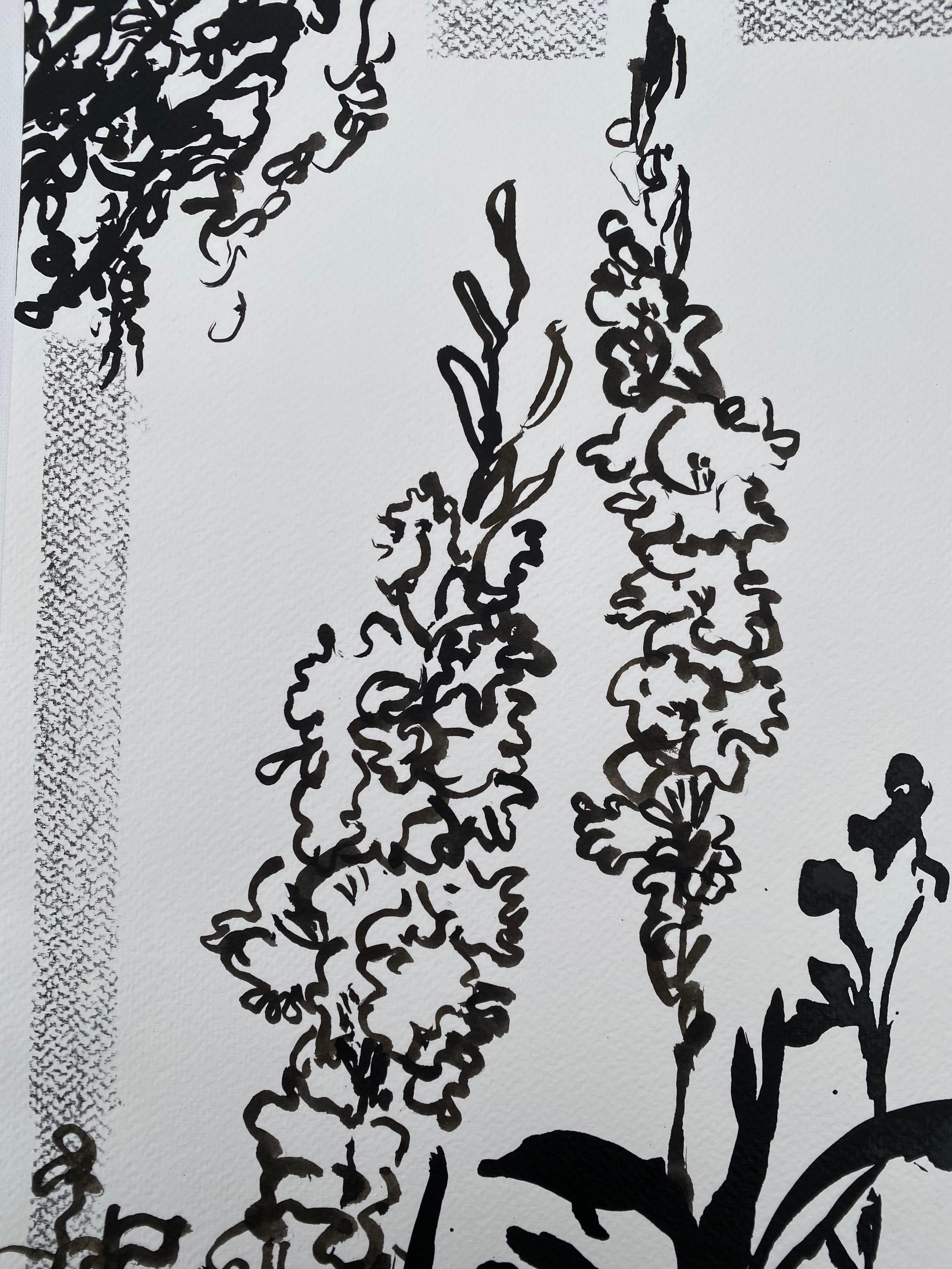 Original-Drawing Time Series-Gladiolus PleinAir-Brit, ausgezeichnete Künstlerin-Tinte auf Papier (Grau), Landscape Art, von Shizico Yi