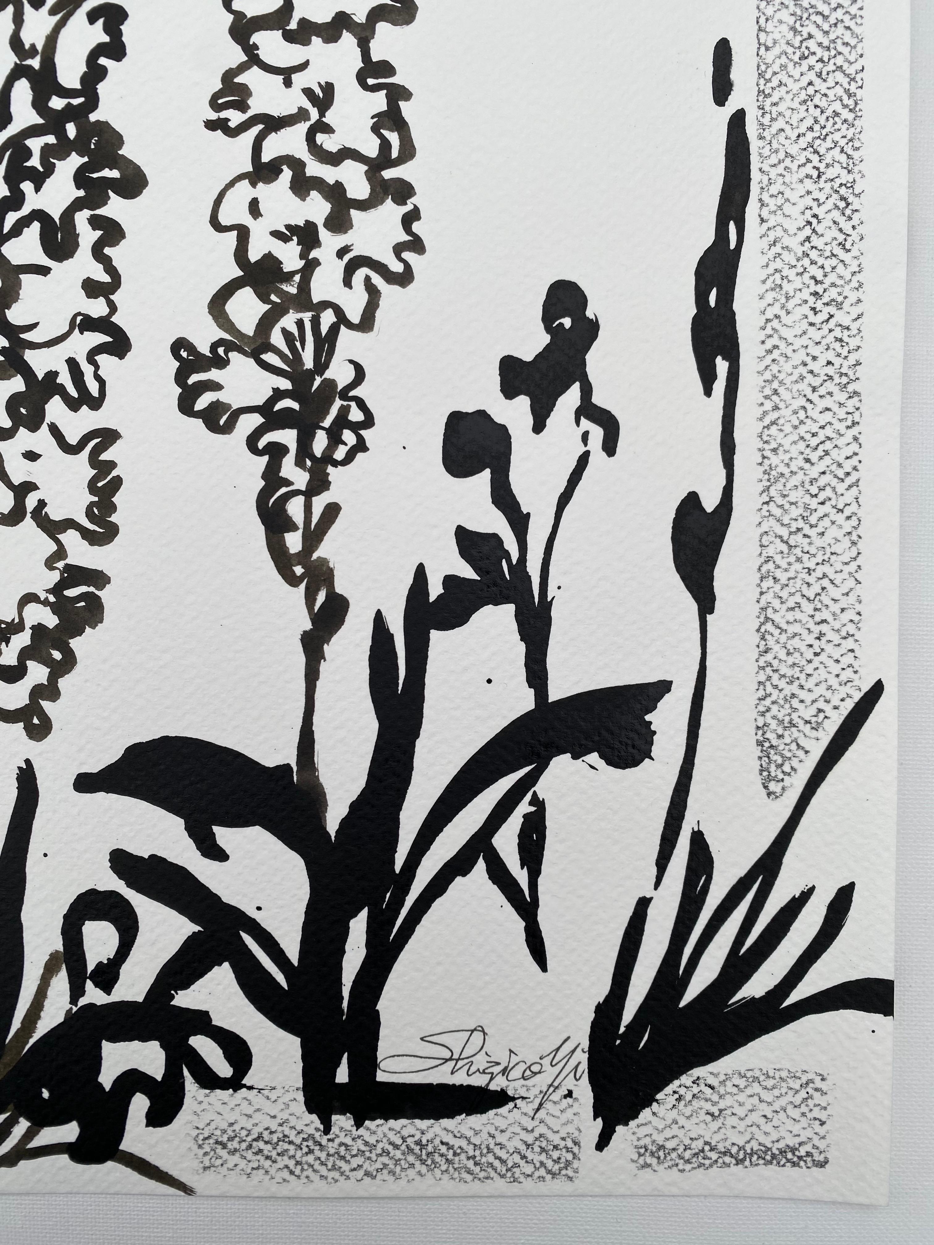 Original-Drawing Time Series-Gladiolus PleinAir-Brit, ausgezeichnete Künstlerin-Tinte auf Papier (Abstrakter Expressionismus), Art, von Shizico Yi