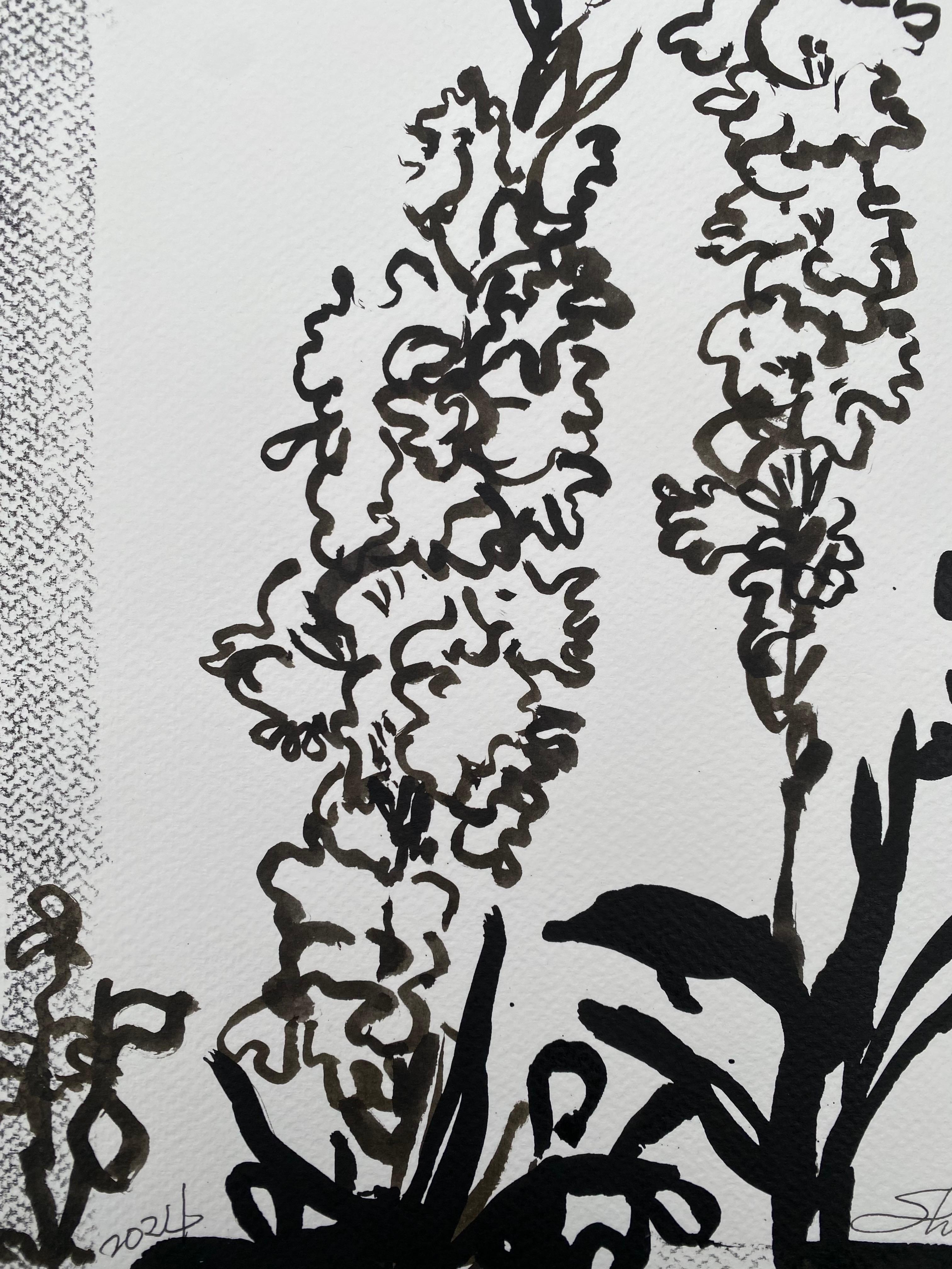 Original-Drawing Time Series-Gladiolus PleinAir-Brit, ausgezeichnete Künstlerin-Tinte auf Papier im Angebot 1