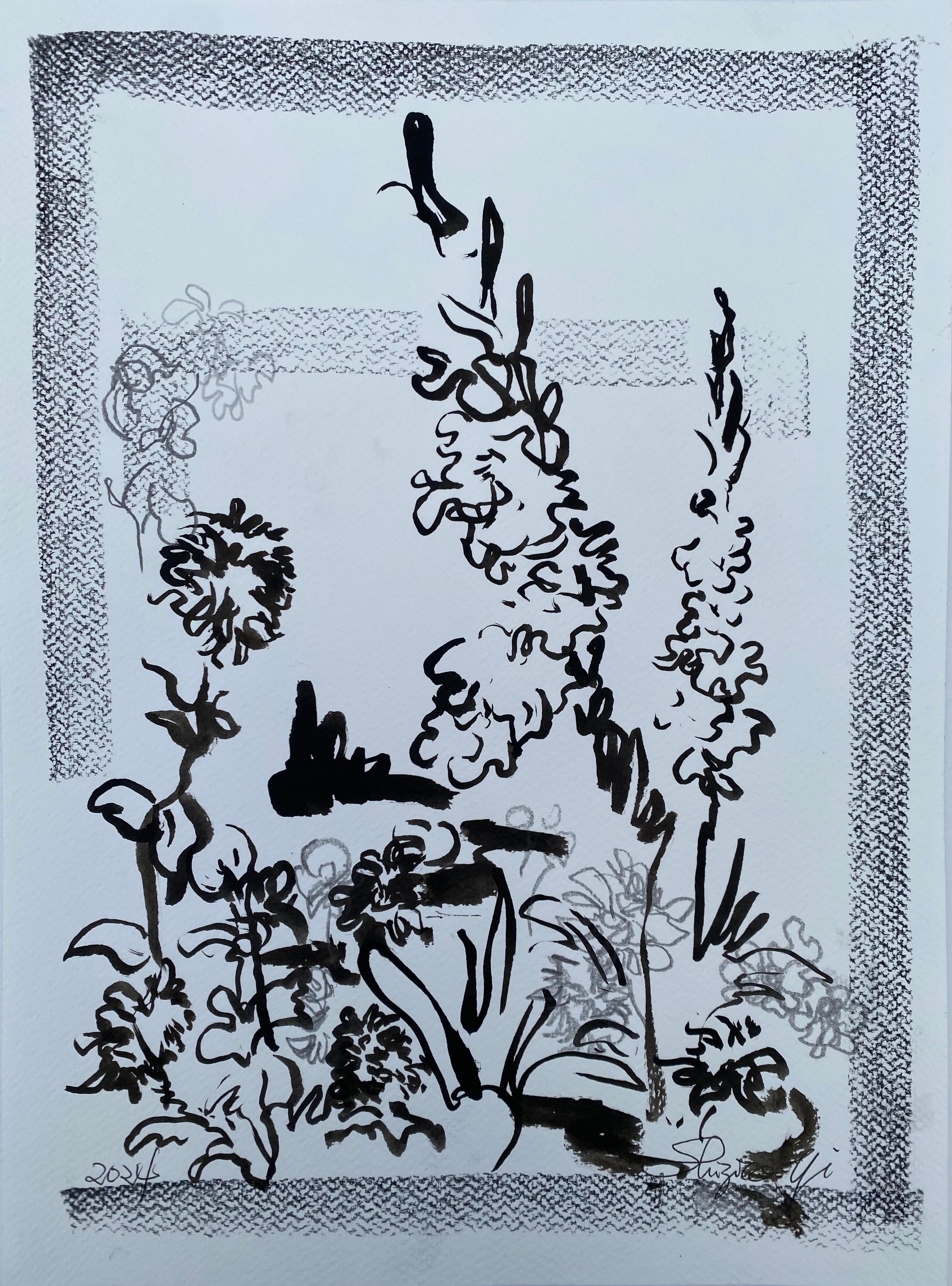 Original-Drawing Time-Dahlias&Gladiolus PleinAir-Brit Awarded Artist-ink on Paper