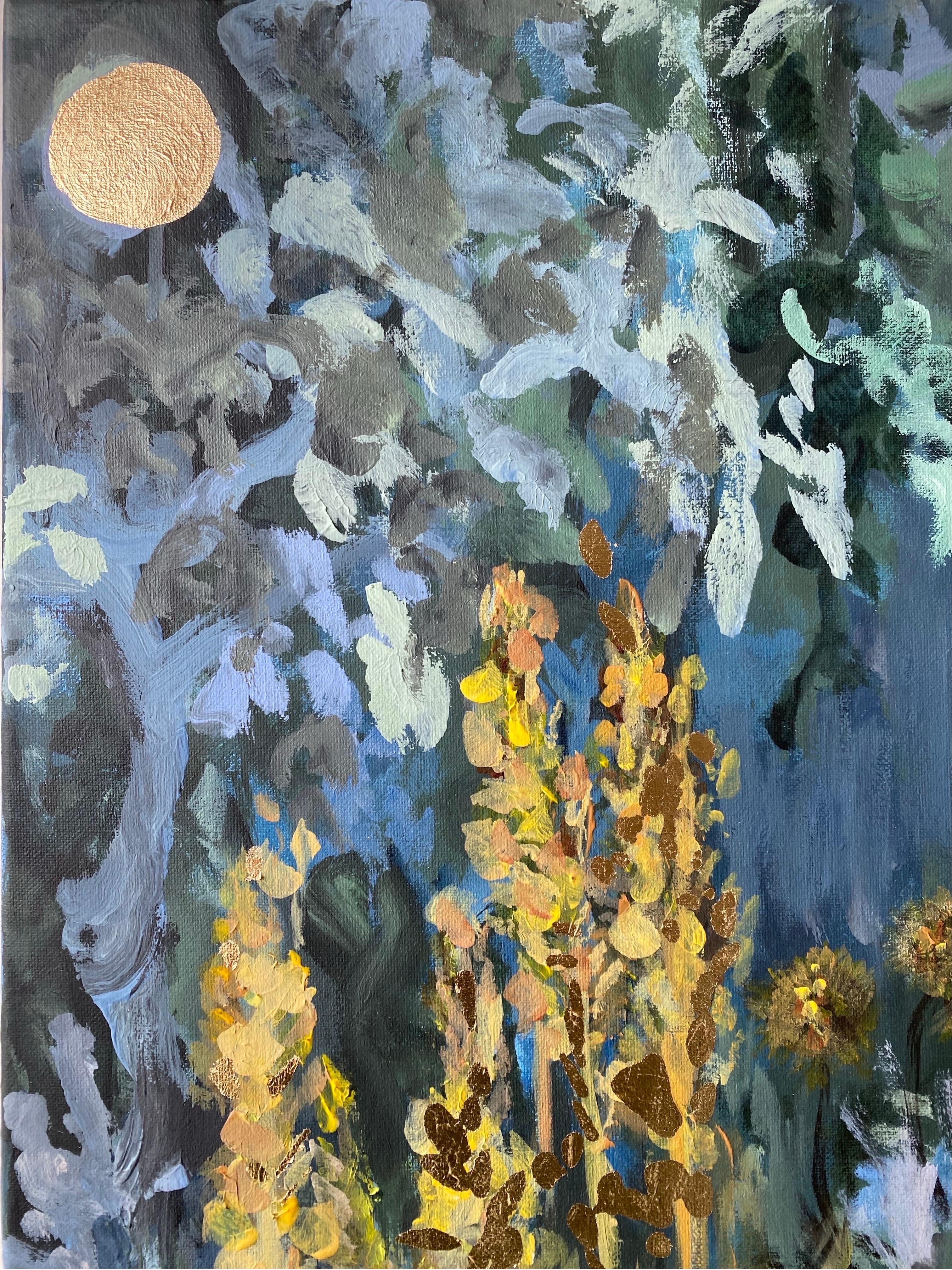 Original-Summer Night-British School-Awarded Artist-gold leaf, huile sur toile - Gris Landscape Painting par Shizico Yi