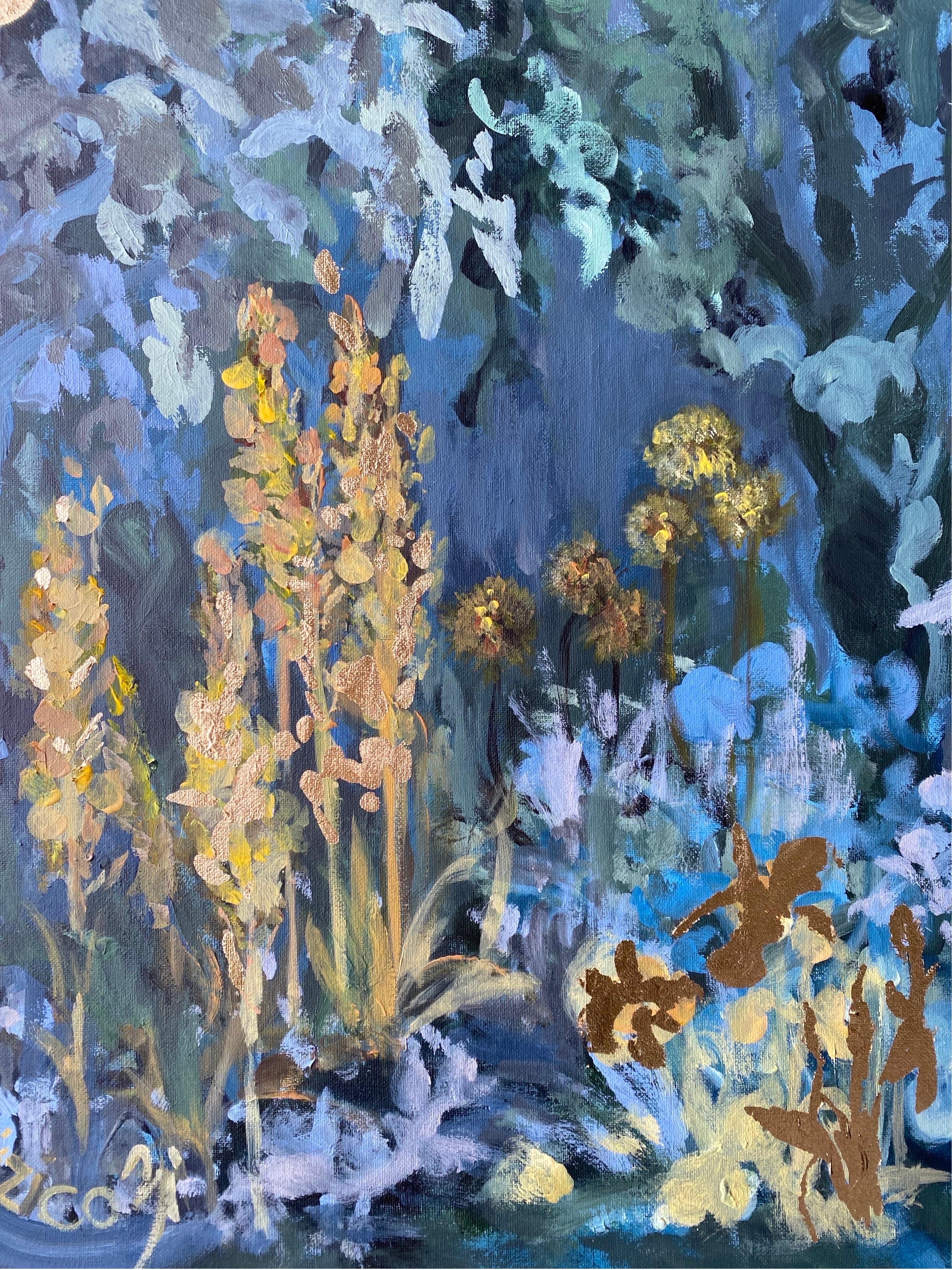 Original-Summer Night-British School-Awarded Artist-gold leaf, huile sur toile 15
