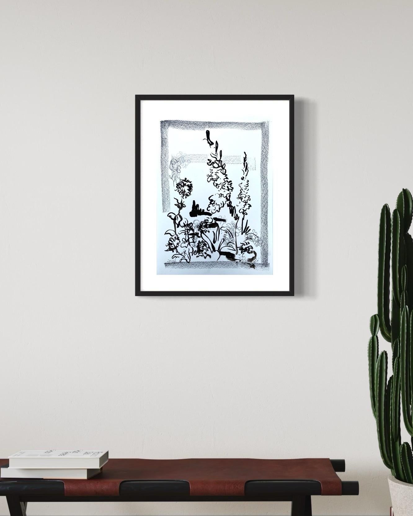 Original-Drawing Time-Dahlias&Gladiolus PleinAir-Artista británico premiado-tinta sobre papel - Abstract Drawing Azul de Shizico Yi