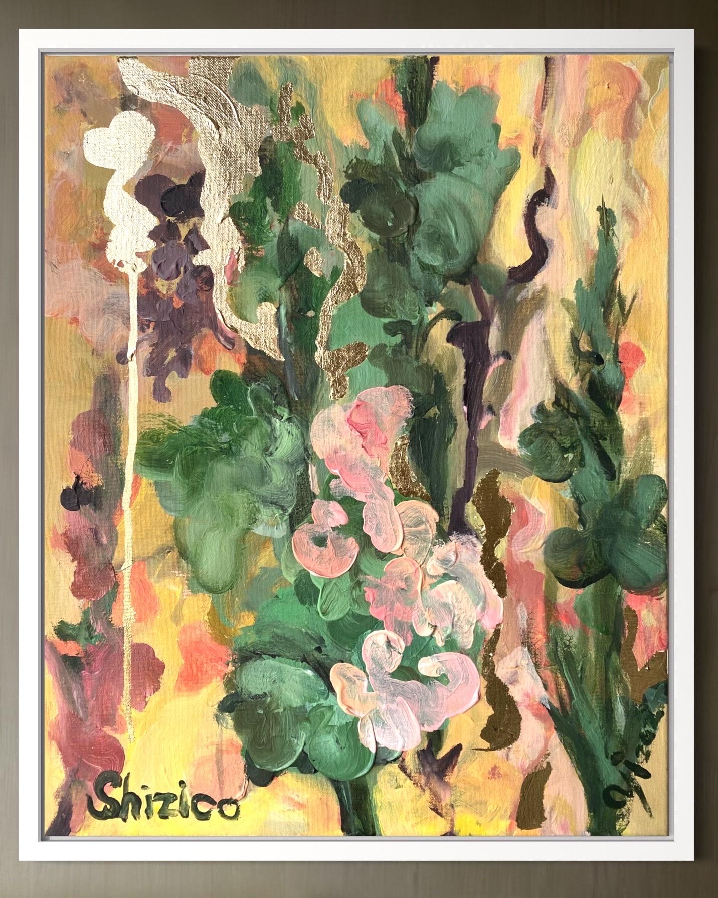 Originale-Gladiolo in fiore-Artista premiato dal Regno Unito-Collezione di mostre-Foglia d'oro - Painting Impressionismo di Shizico Yi