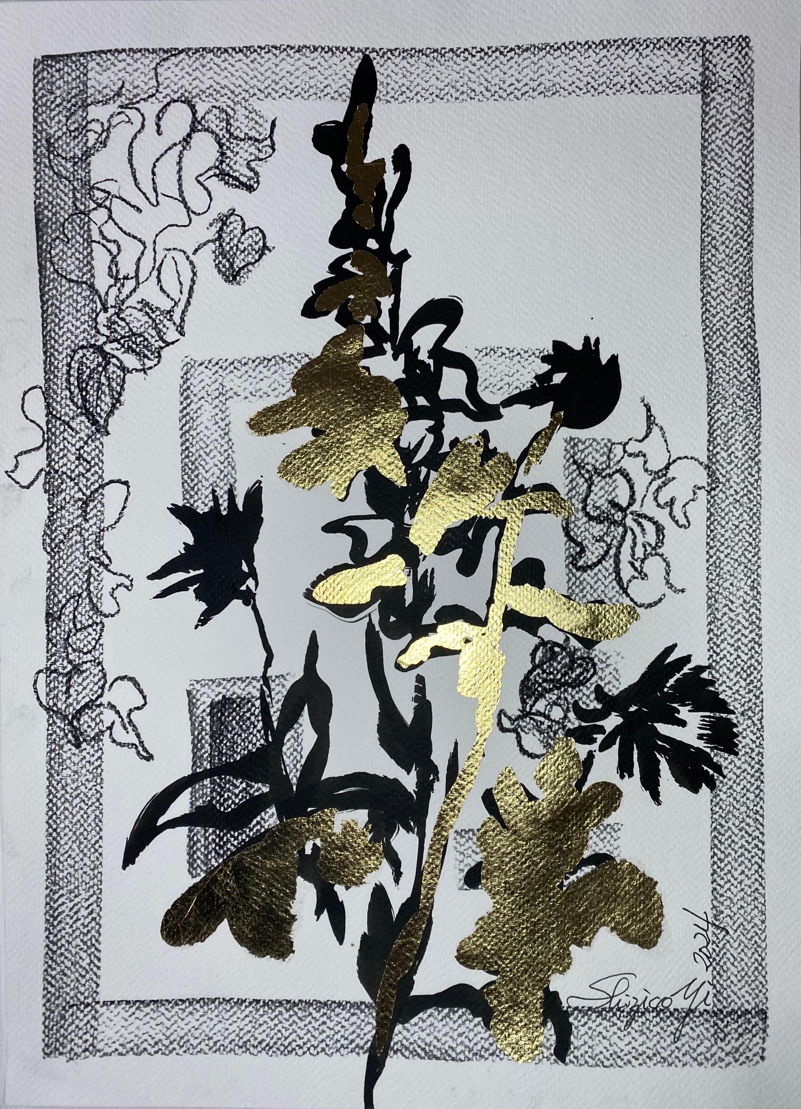 Disegno originale Time Series-Plein Air-Brit Awarded Artist-Ink, Gold LeafonPaper - Abstract Drawing Grigio di Shizico Yi