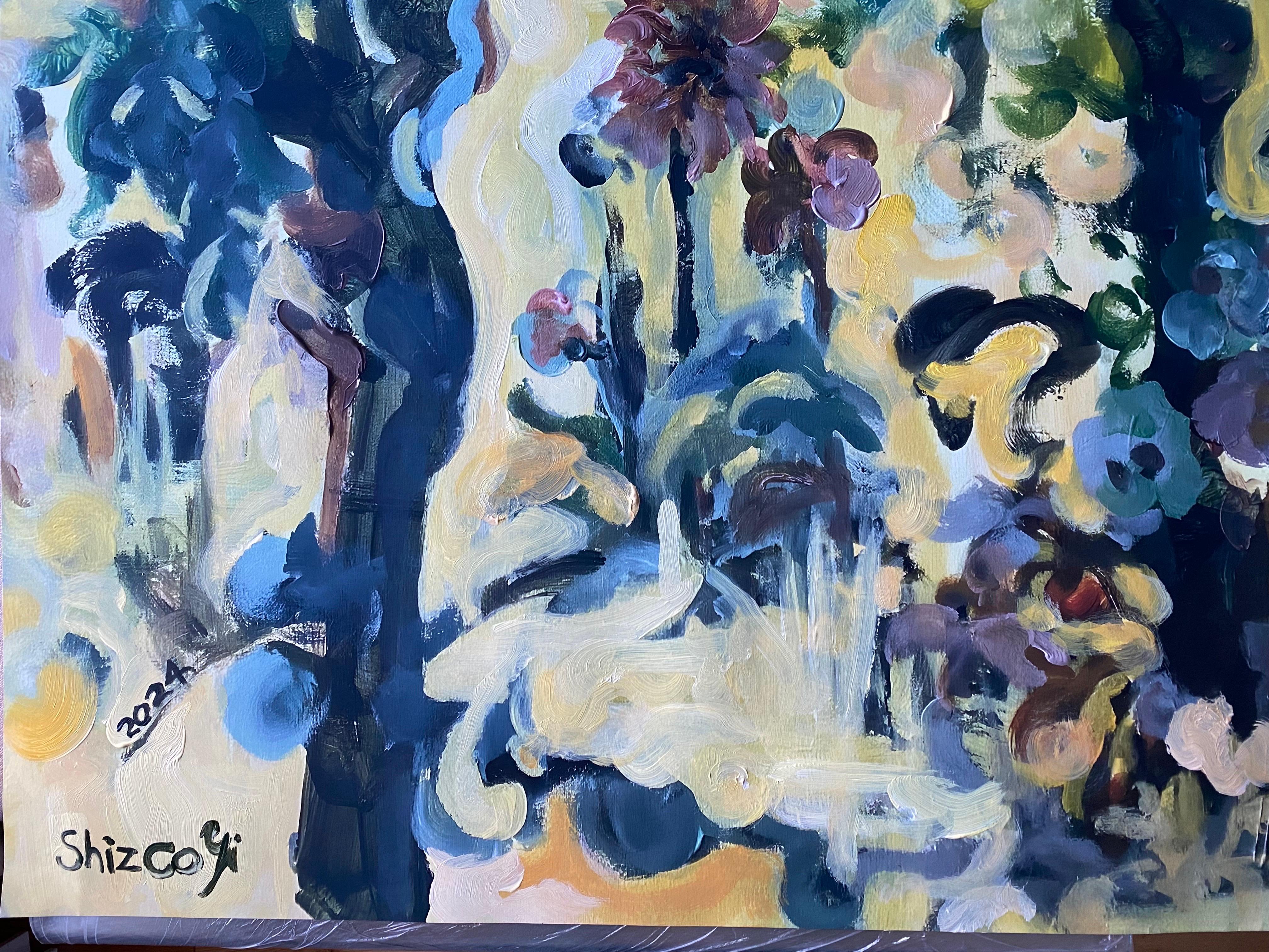 The Last Large Artist Proof-Lime Trees inYellow-Brit Awarded-Partly Hand-Painted - Gray Abstract Print by Shizico Yi