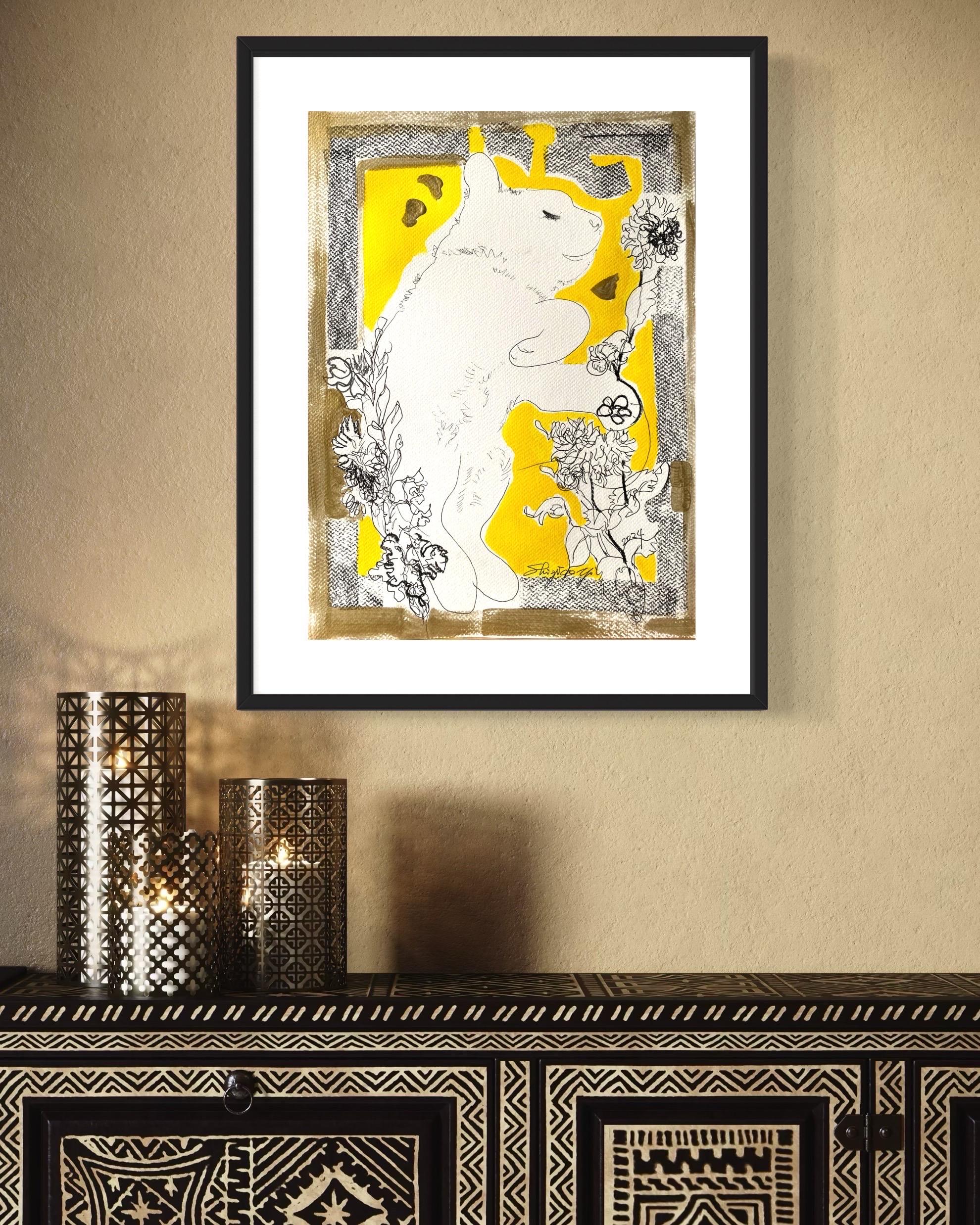 Originale-Gatto con dalie-Serie di preghiera-Artista britannico premiato-Inchiostro su carta - Painting di Shizico Yi