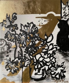 Originale - Dalie al tramonto con gatto - Artista britannico premiato - Foglia d'oro+Inchiostro su tela