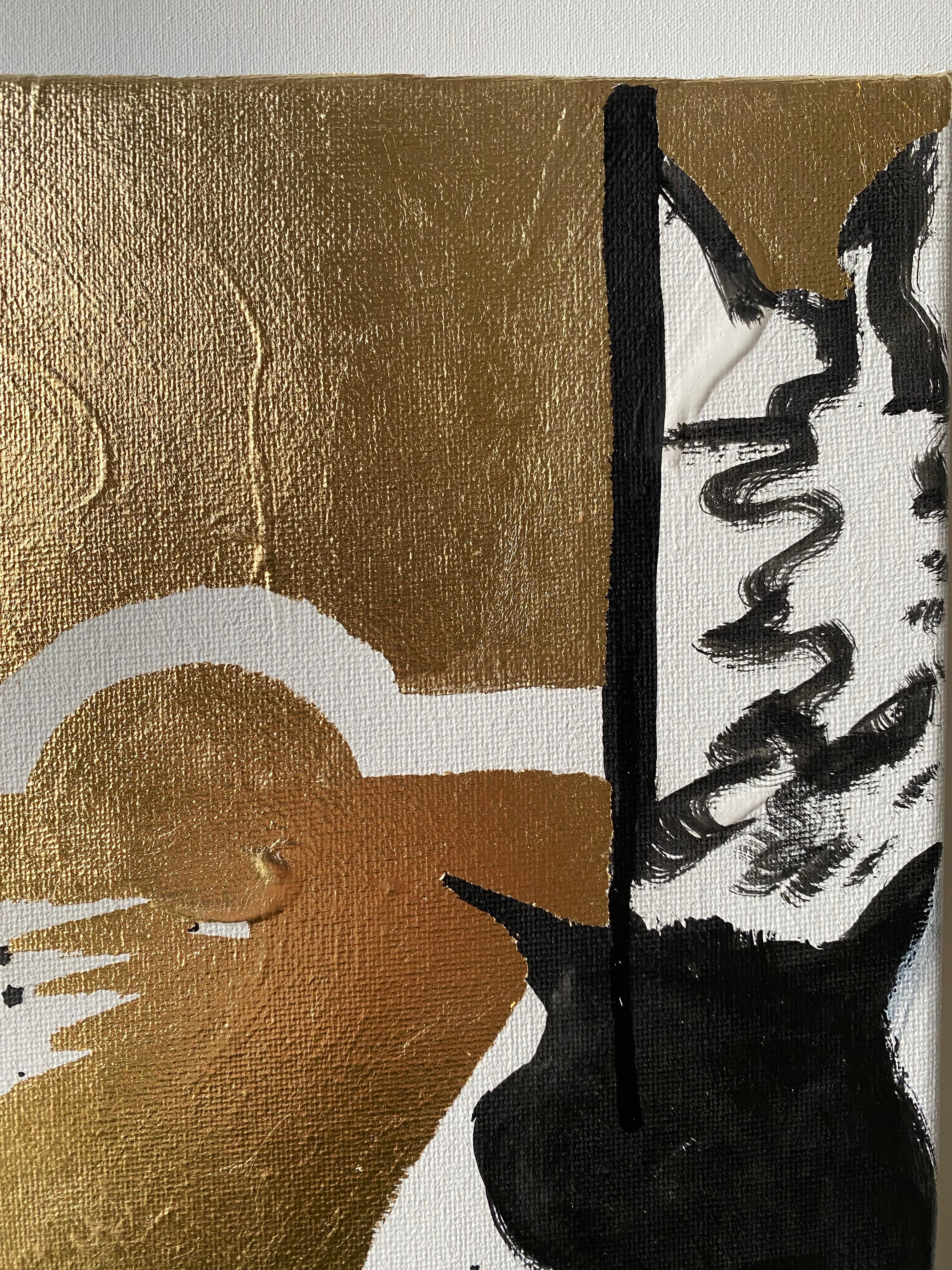 Originale - Dalie al tramonto con gatto - Artista britannico premiato - Foglia d'oro+Inchiostro su tela 4