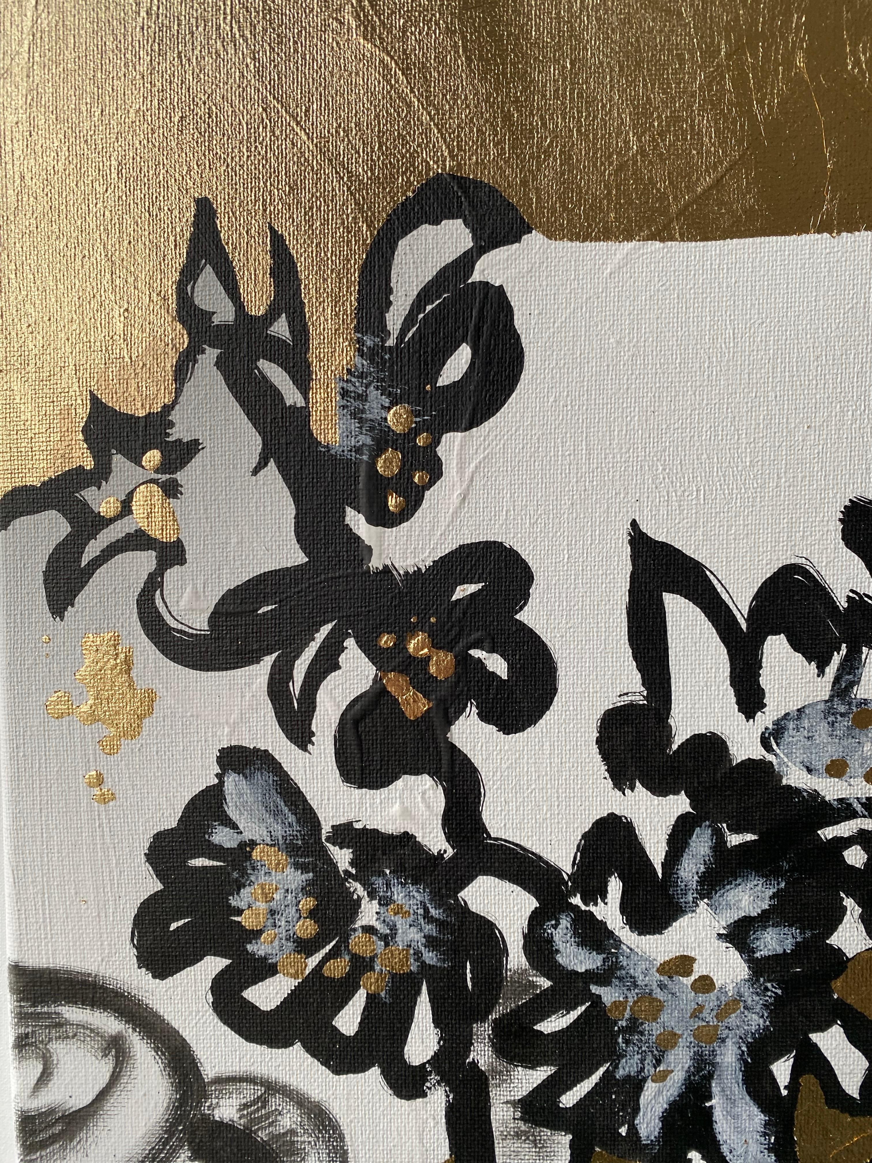 Originale - Dalie al tramonto con gatto - Artista britannico premiato - Foglia d'oro+Inchiostro su tela - Abstract Painting Oro di Shizico Yi