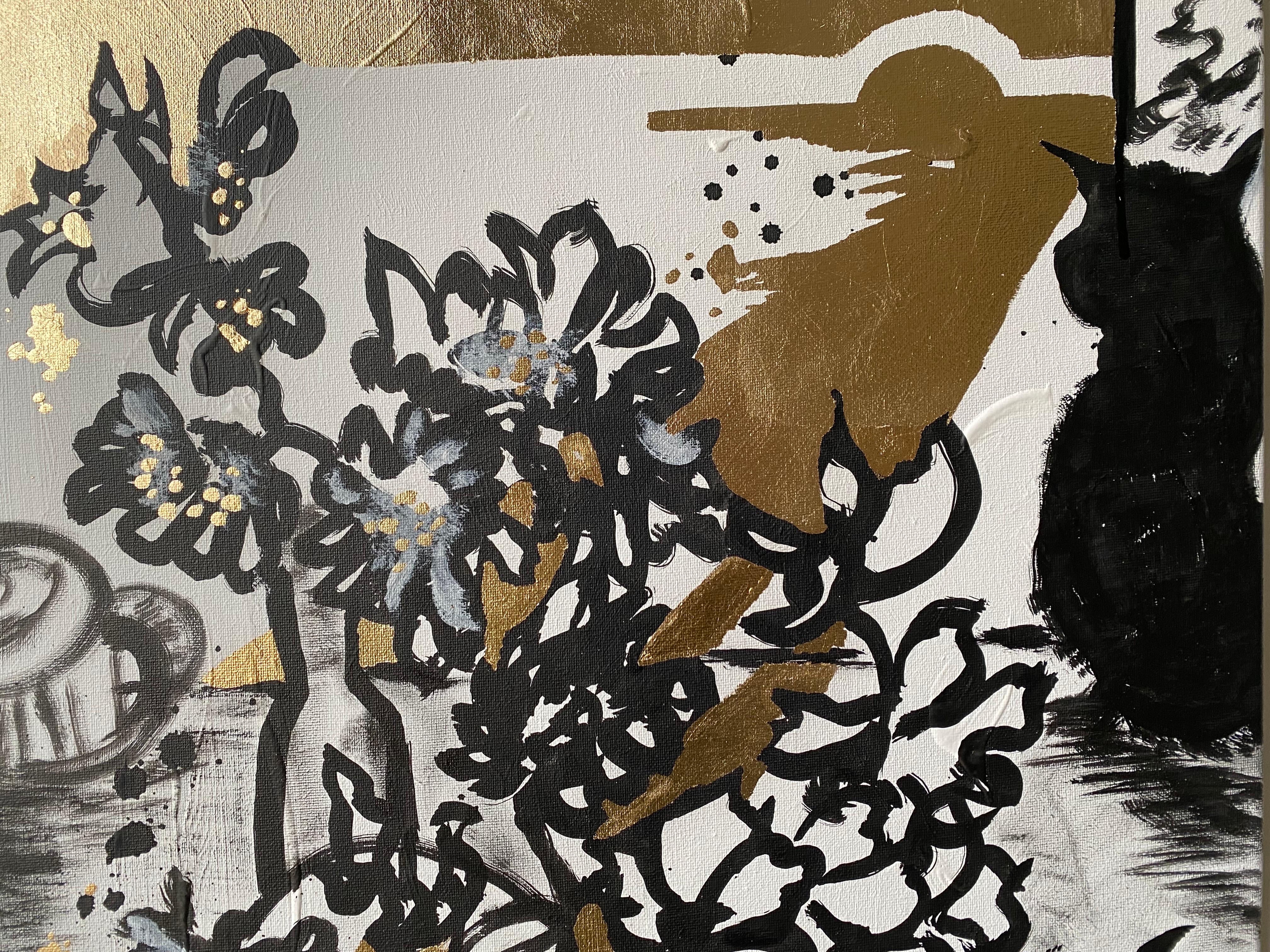 Originale - Dalie al tramonto con gatto - Artista britannico premiato - Foglia d'oro+Inchiostro su tela 10