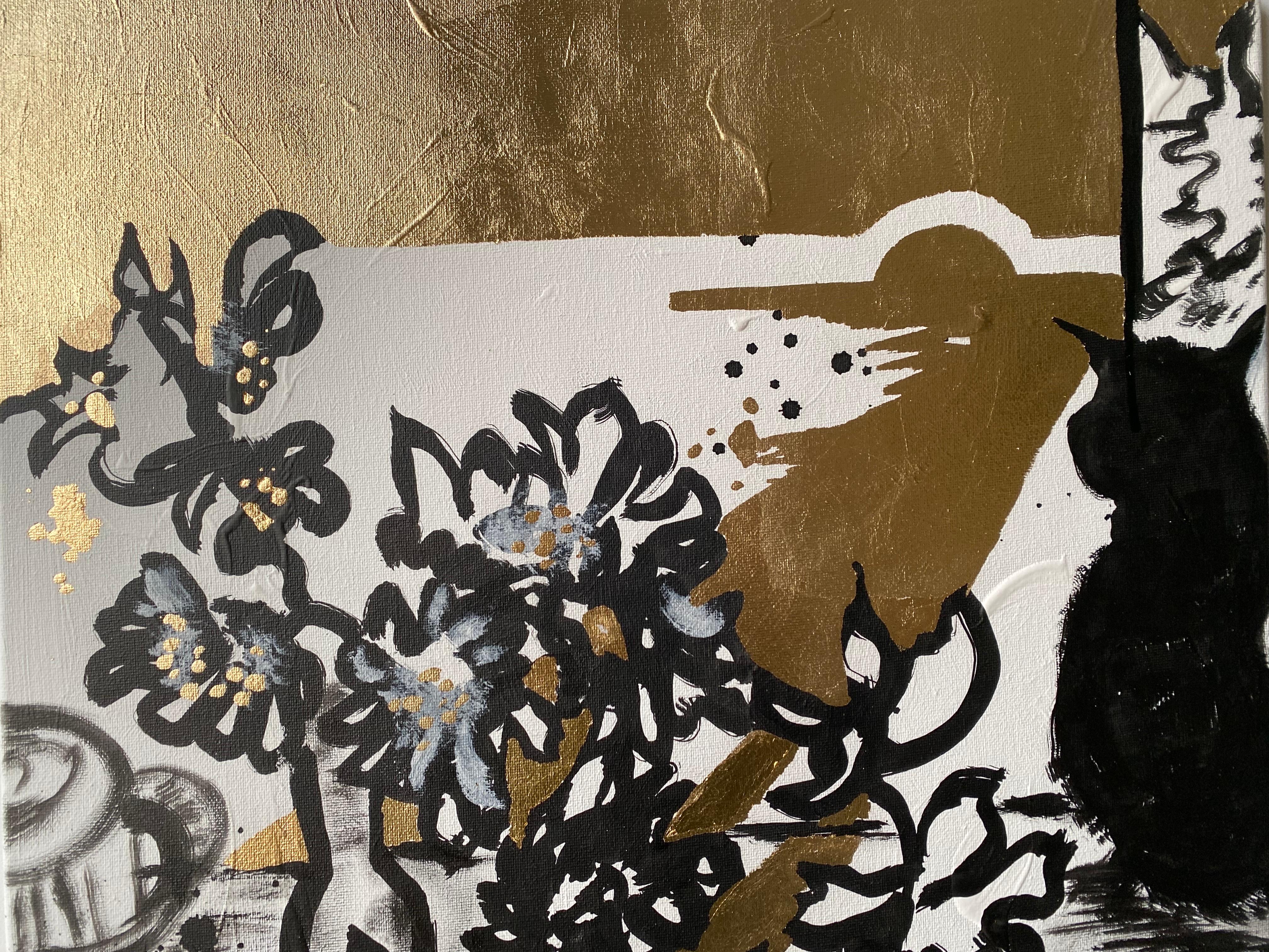 Originale - Dalie al tramonto con gatto - Artista britannico premiato - Foglia d'oro+Inchiostro su tela 8