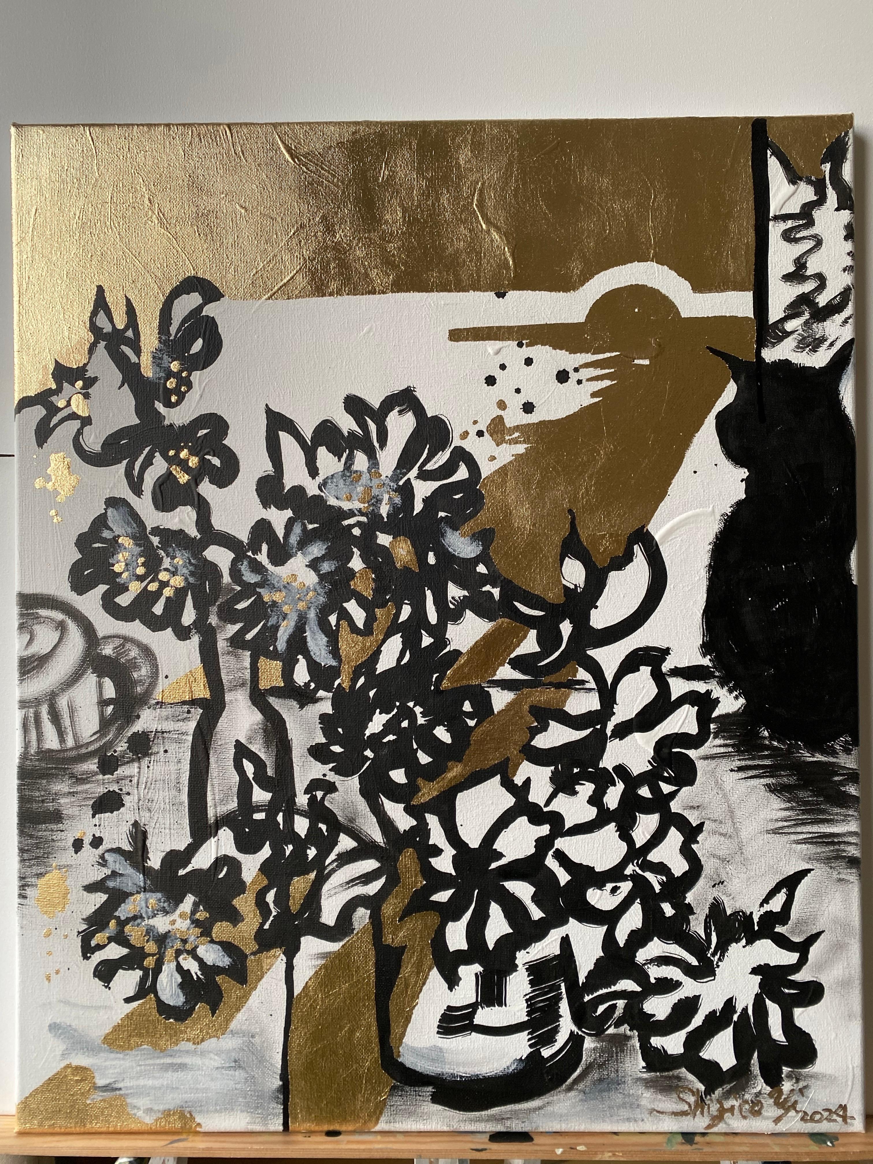 Originale - Dalie al tramonto con gatto - Artista britannico premiato - Foglia d'oro+Inchiostro su tela 11