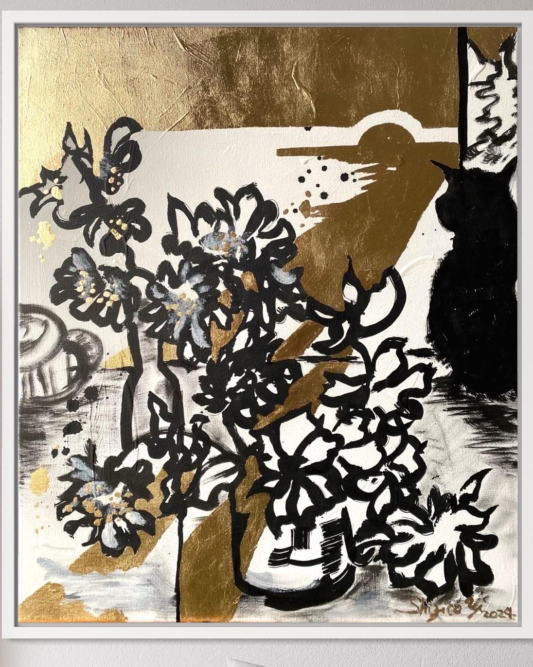 Originale - Dalie al tramonto con gatto - Artista britannico premiato - Foglia d'oro+Inchiostro su tela - Painting Espressionismo astratto di Shizico Yi