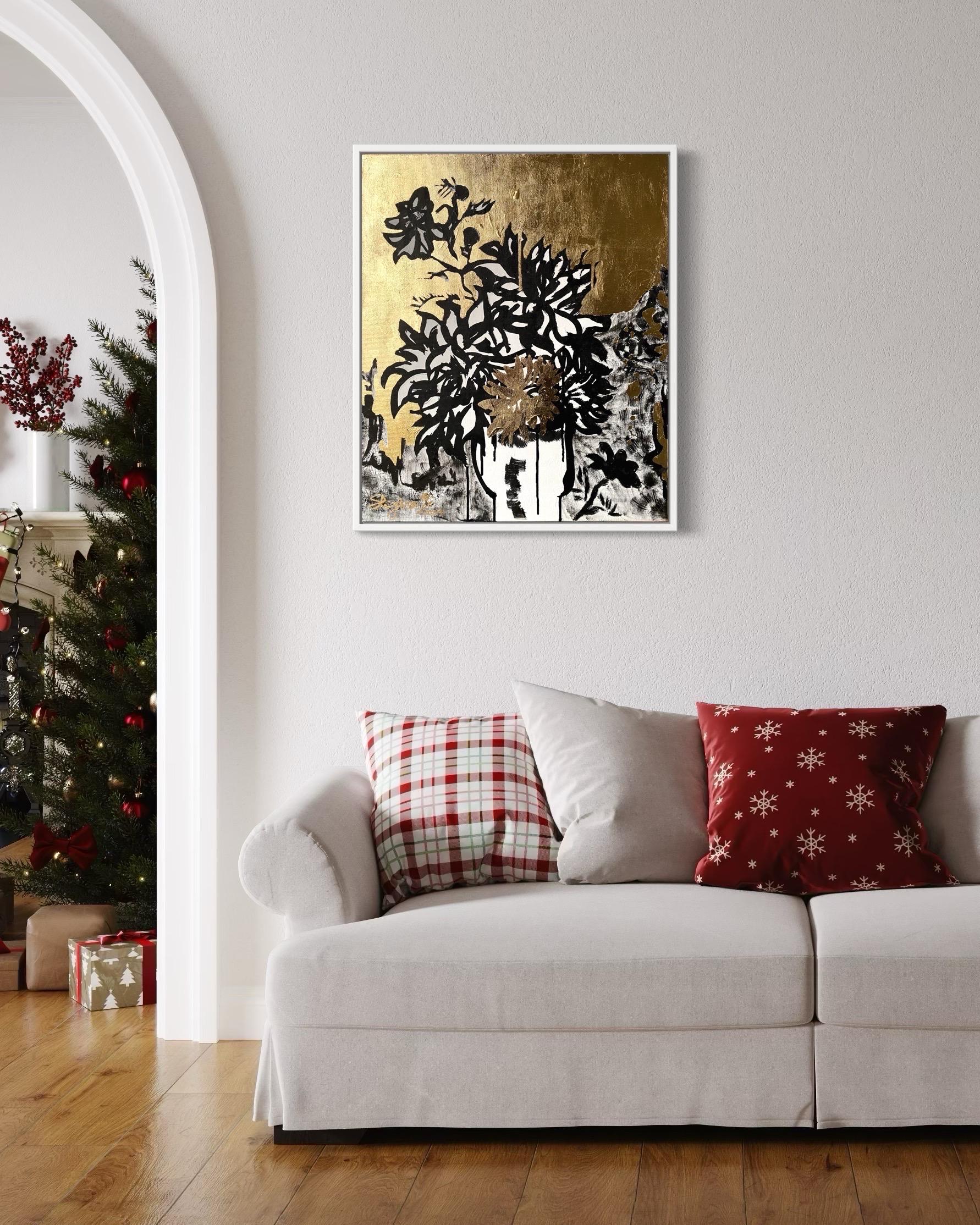 Originale-Nostalgia-Dahlia Still Life-Artista premiato dal Regno Unito-Foglia d'oro+Inchiostro su tela - Painting di Shizico Yi