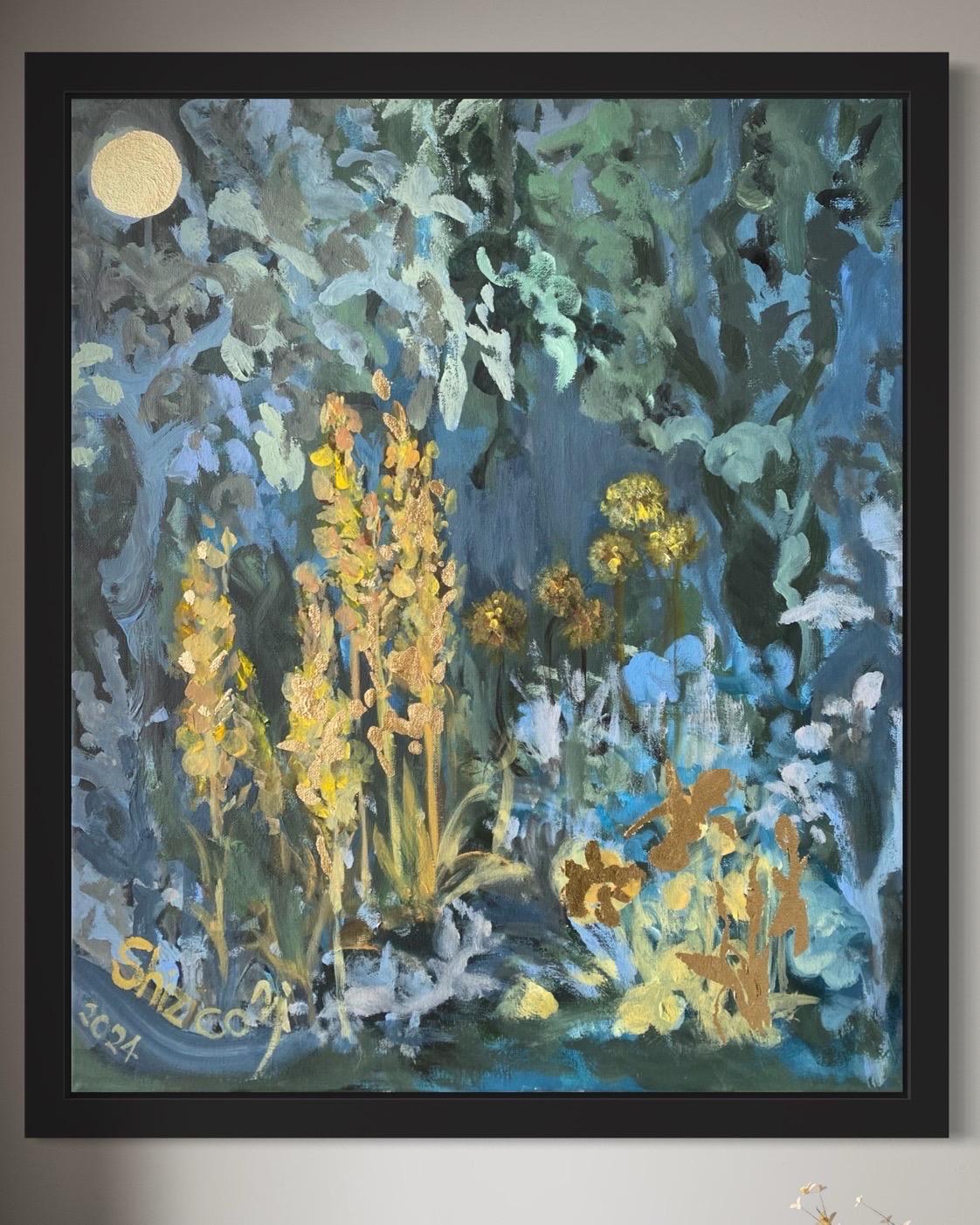 Original-Summer Night-British School-Awarded Artist-gold leaf, huile sur toile - Painting de Shizico Yi
