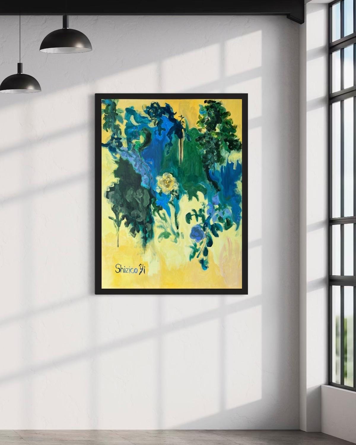 Original-Large Oil--Yellow Green and Blue-Summer Bloom-British Awarded Artist - Painting by Shizico Yi