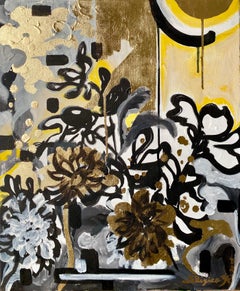 Original Sunset Dahlias, artiste britannique primé, feuille d'or, huile et encre sur toile