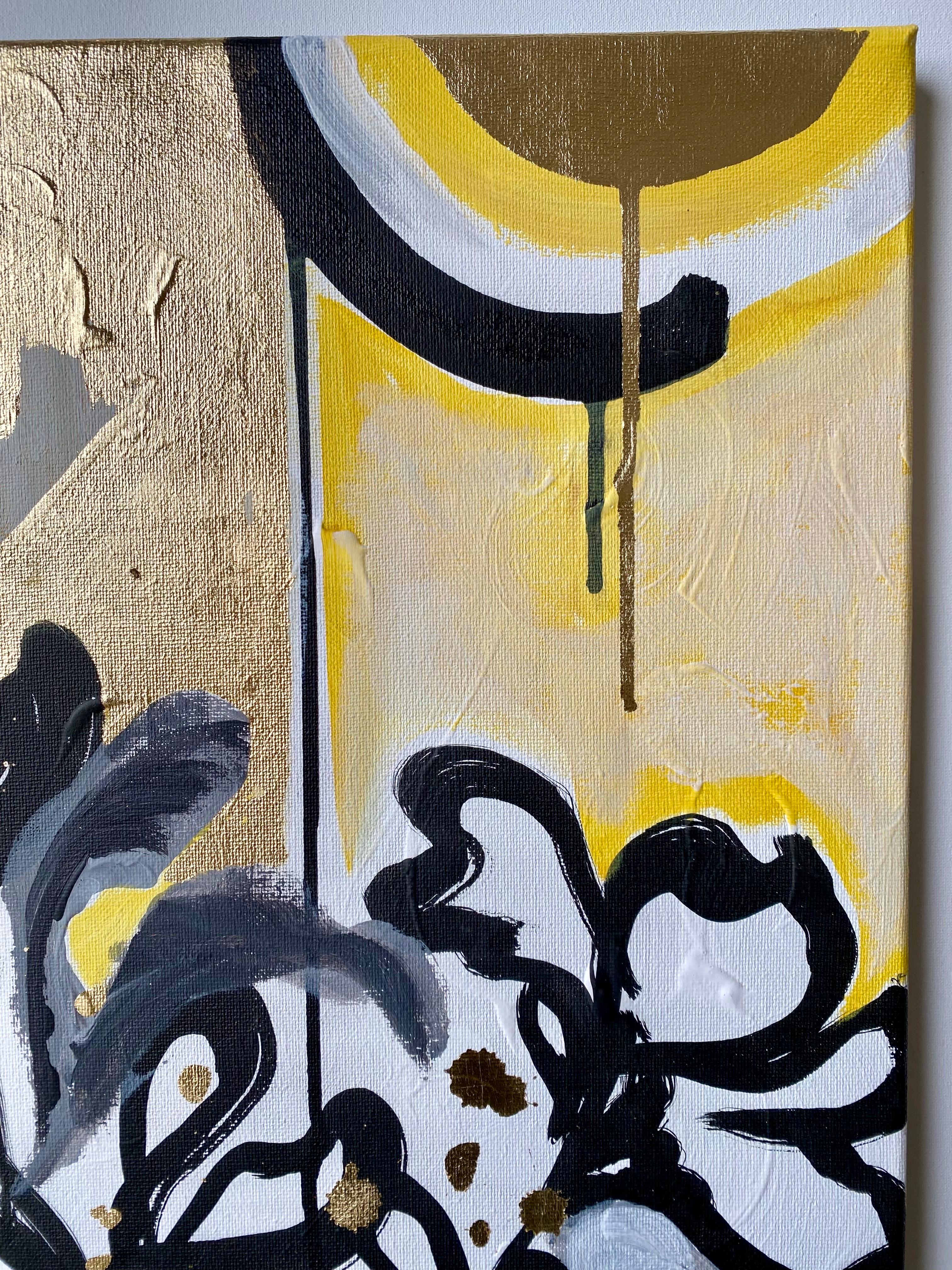 Originale - Dalie al tramonto - Artista britannico premiato - Foglia d'oro+ Olio+ Inchiostro su tela - Painting di Shizico Yi