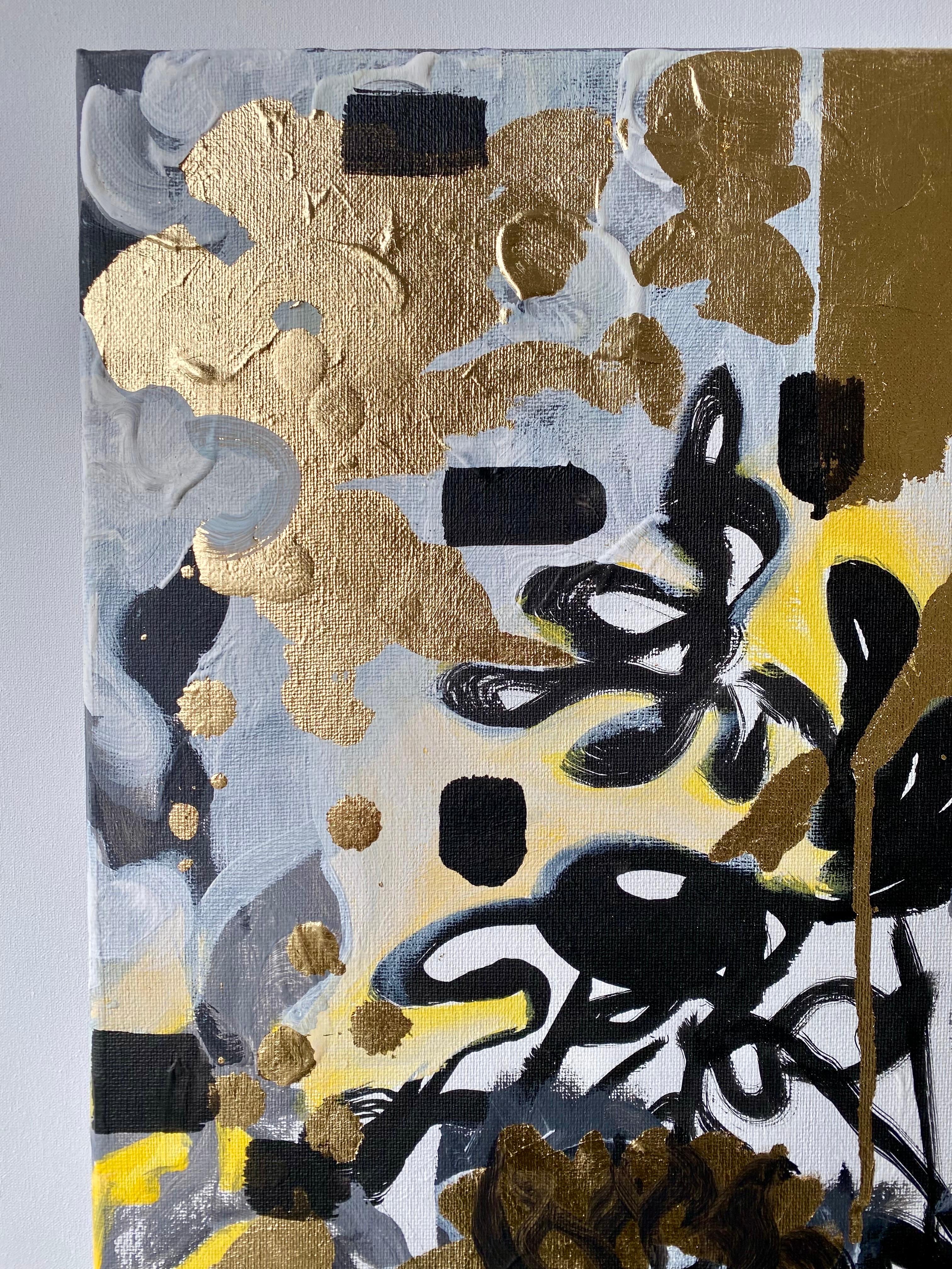 Originale - Dalie al tramonto - Artista britannico premiato - Foglia d'oro+ Olio+ Inchiostro su tela - Painting Espressionismo astratto di Shizico Yi