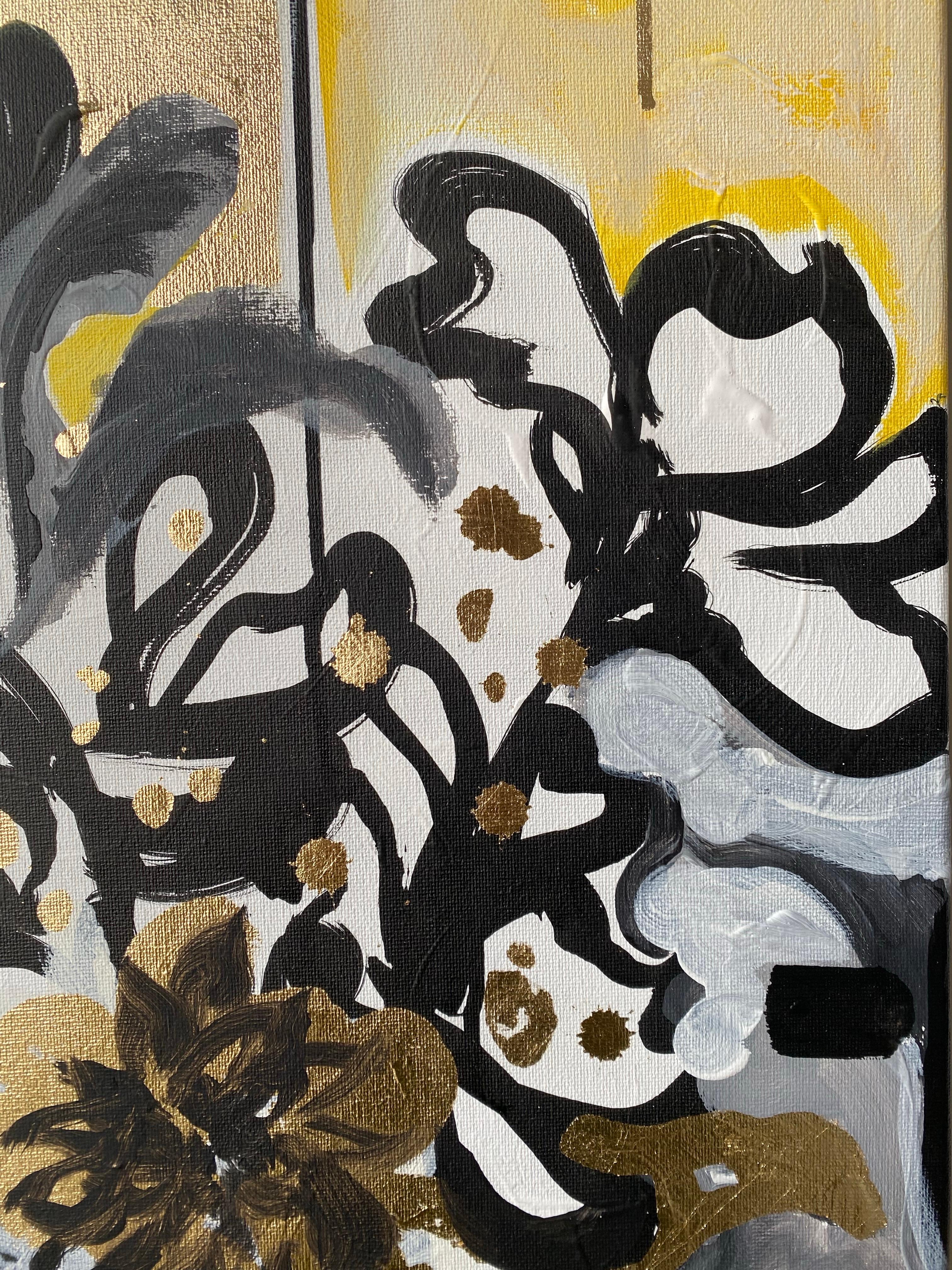 Originale - Dalie al tramonto - Artista britannico premiato - Foglia d'oro+ Olio+ Inchiostro su tela - Landscape Painting Oro di Shizico Yi