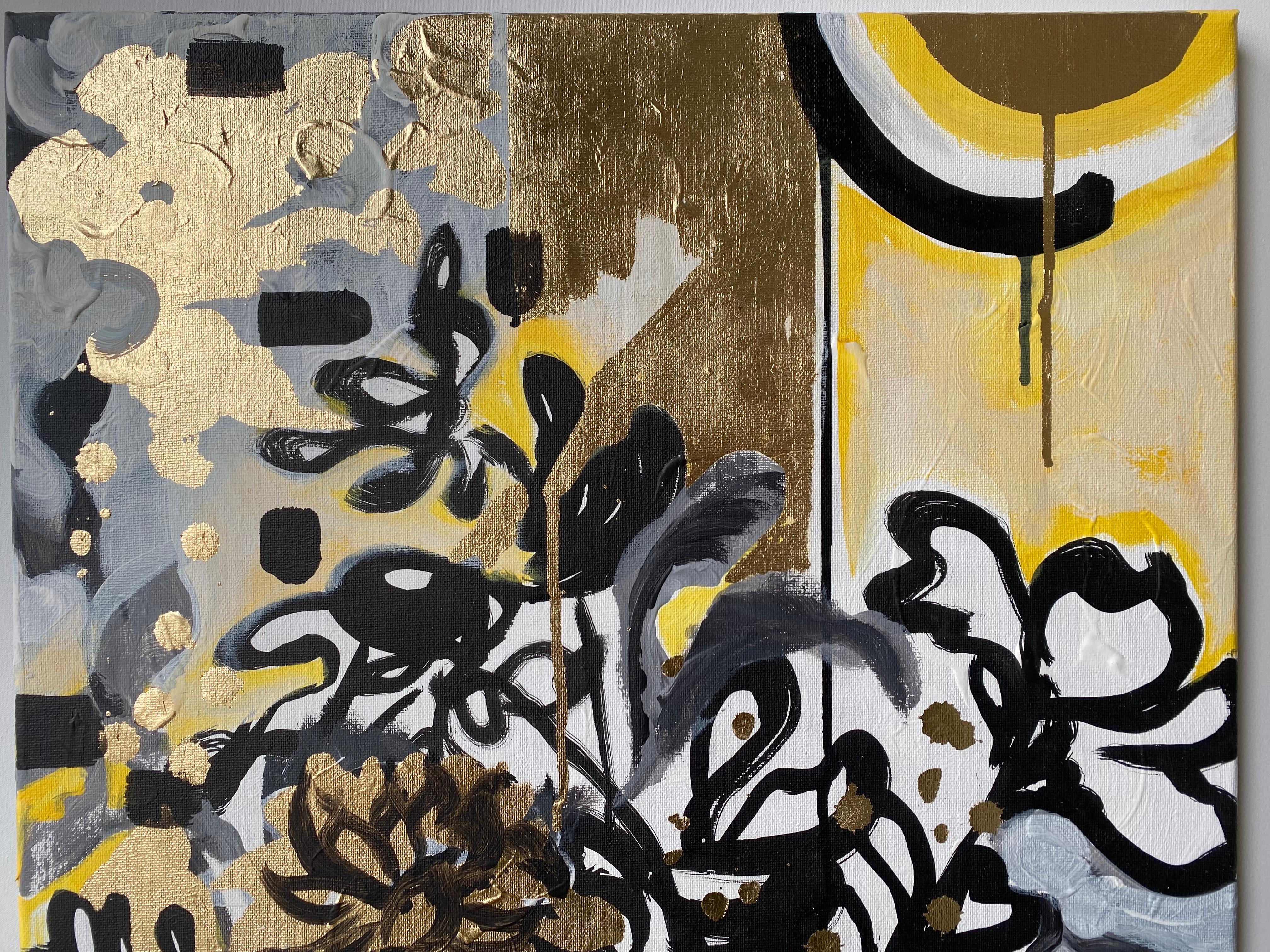 Originale - Dalie al tramonto - Artista britannico premiato - Foglia d'oro+ Olio+ Inchiostro su tela in vendita 3
