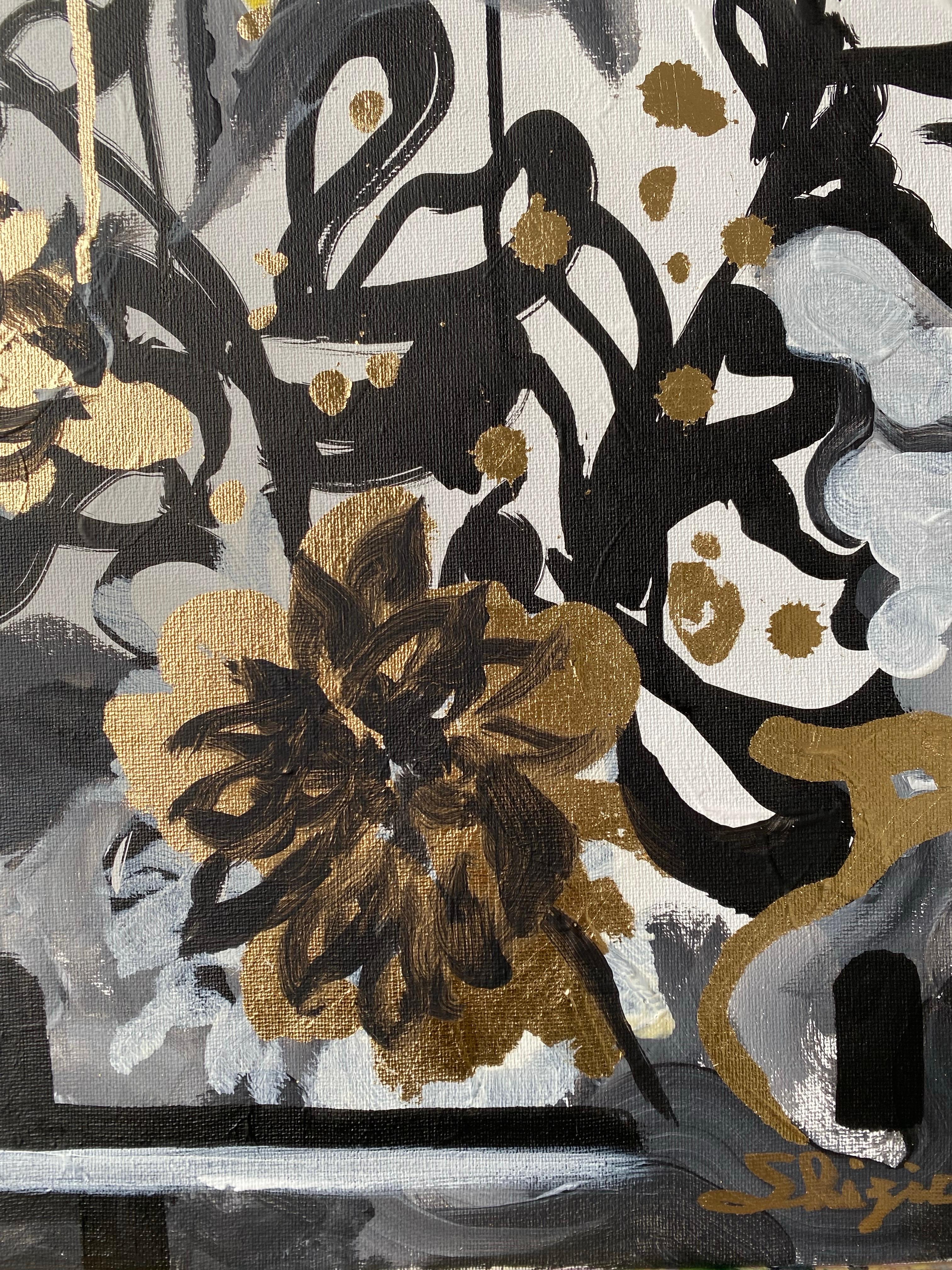 Originale - Dalie al tramonto - Artista britannico premiato - Foglia d'oro+ Olio+ Inchiostro su tela in vendita 6