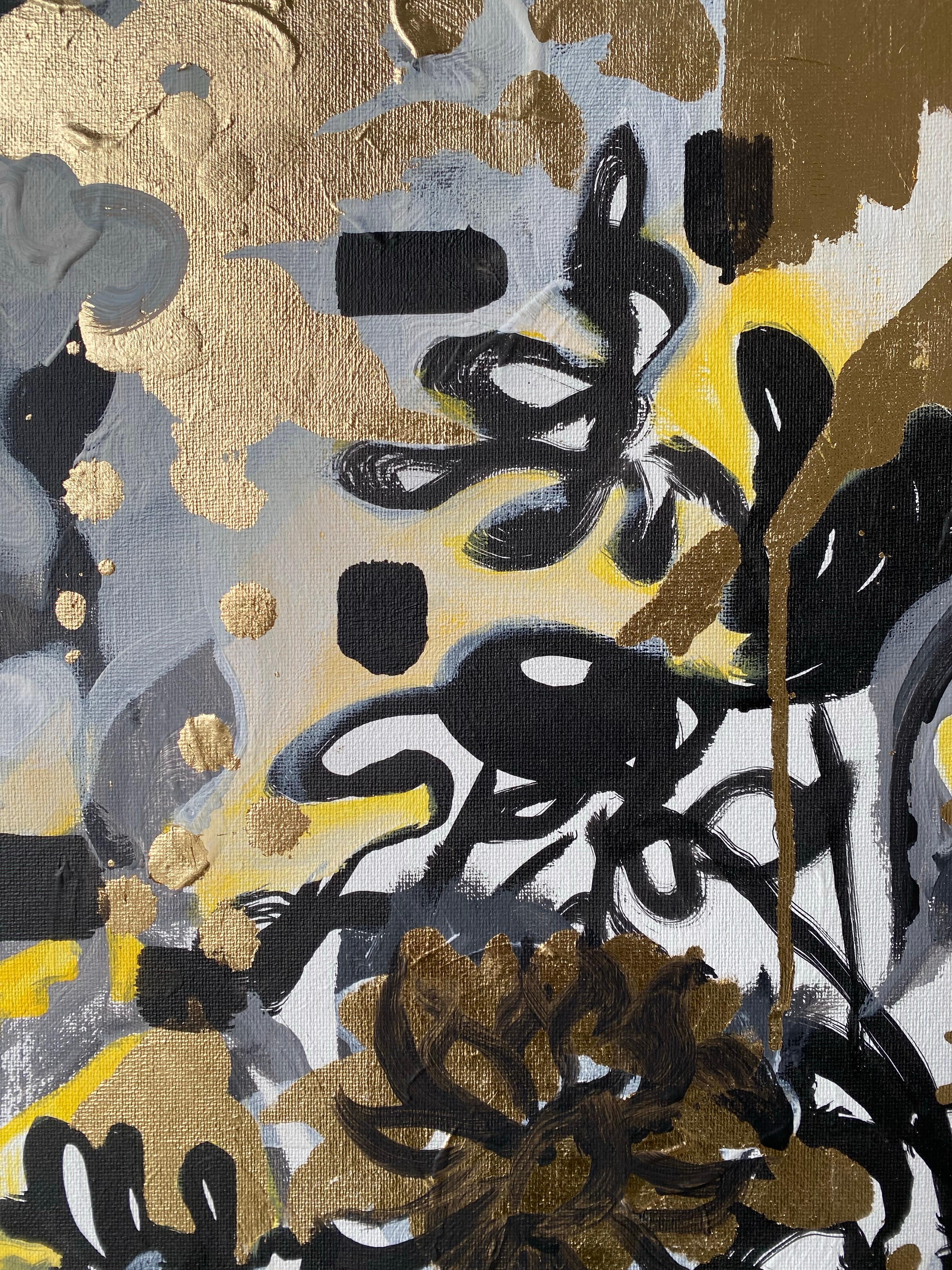 Originale - Dalie al tramonto - Artista britannico premiato - Foglia d'oro+ Olio+ Inchiostro su tela in vendita 7