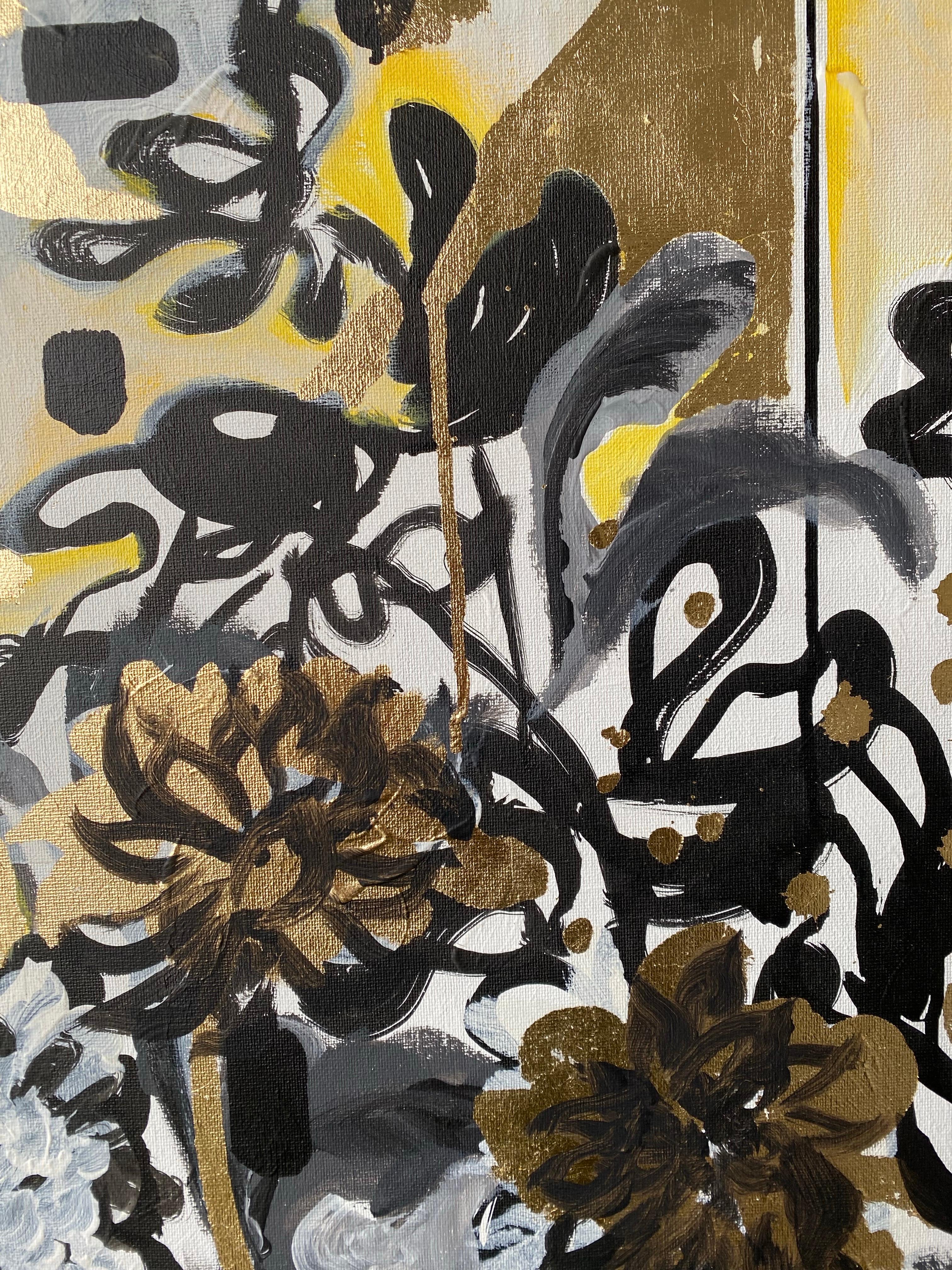 Originale - Dalie al tramonto - Artista britannico premiato - Foglia d'oro+ Olio+ Inchiostro su tela in vendita 8