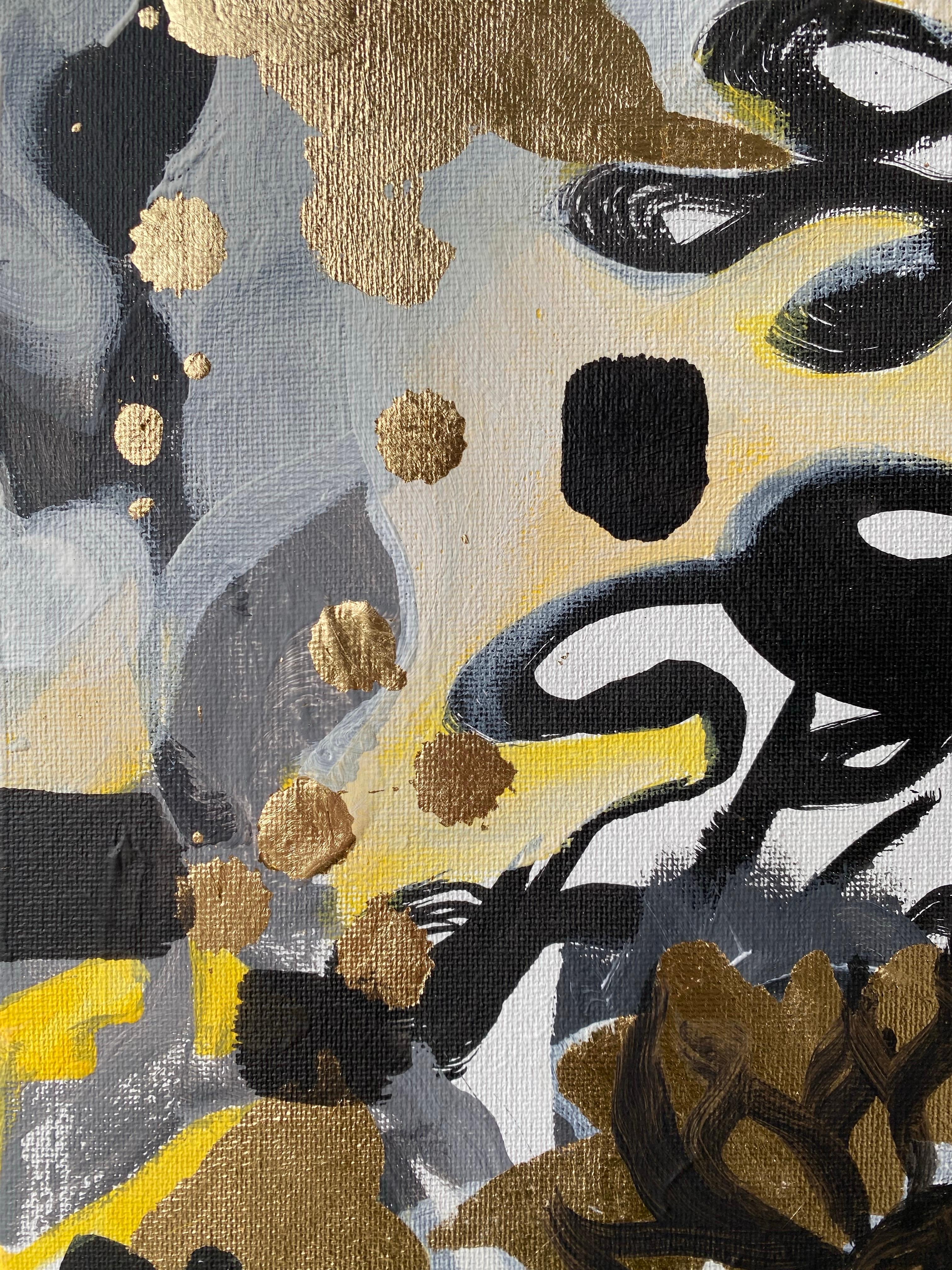 Originale - Dalie al tramonto - Artista britannico premiato - Foglia d'oro+ Olio+ Inchiostro su tela in vendita 9