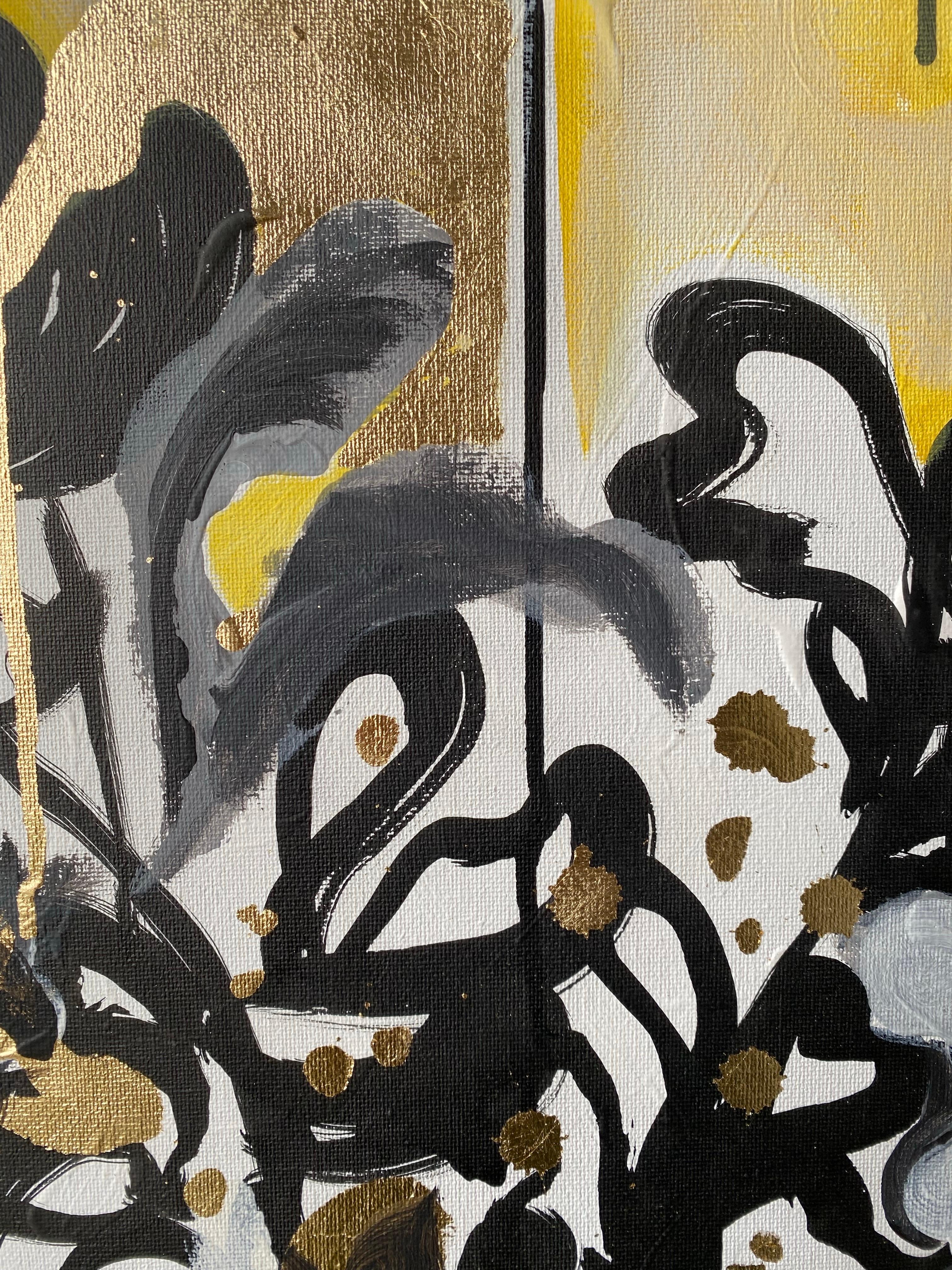 Originale - Dalie al tramonto - Artista britannico premiato - Foglia d'oro+ Olio+ Inchiostro su tela in vendita 10