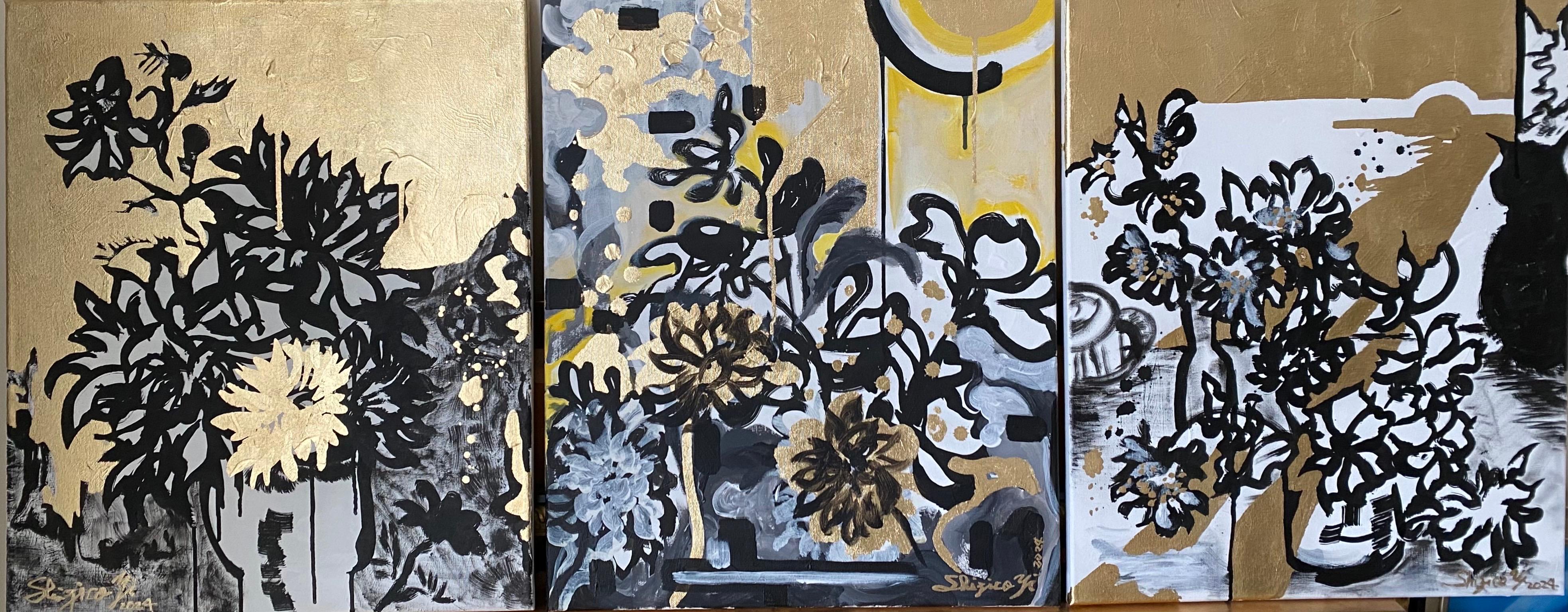 Trittico originale-Foglie d'oro+Inchiostro di Sumi su tela-Artista britannico premiato-DrawingTime