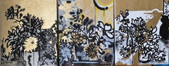 Triptyque original - feuille d'or et encreumi sur toile - artiste britannique récompensé pour son travail de dessin