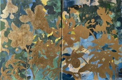 Díptico original-Recuerdos del paisaje-Artista británico galardonado-Plancha de oro y óleo