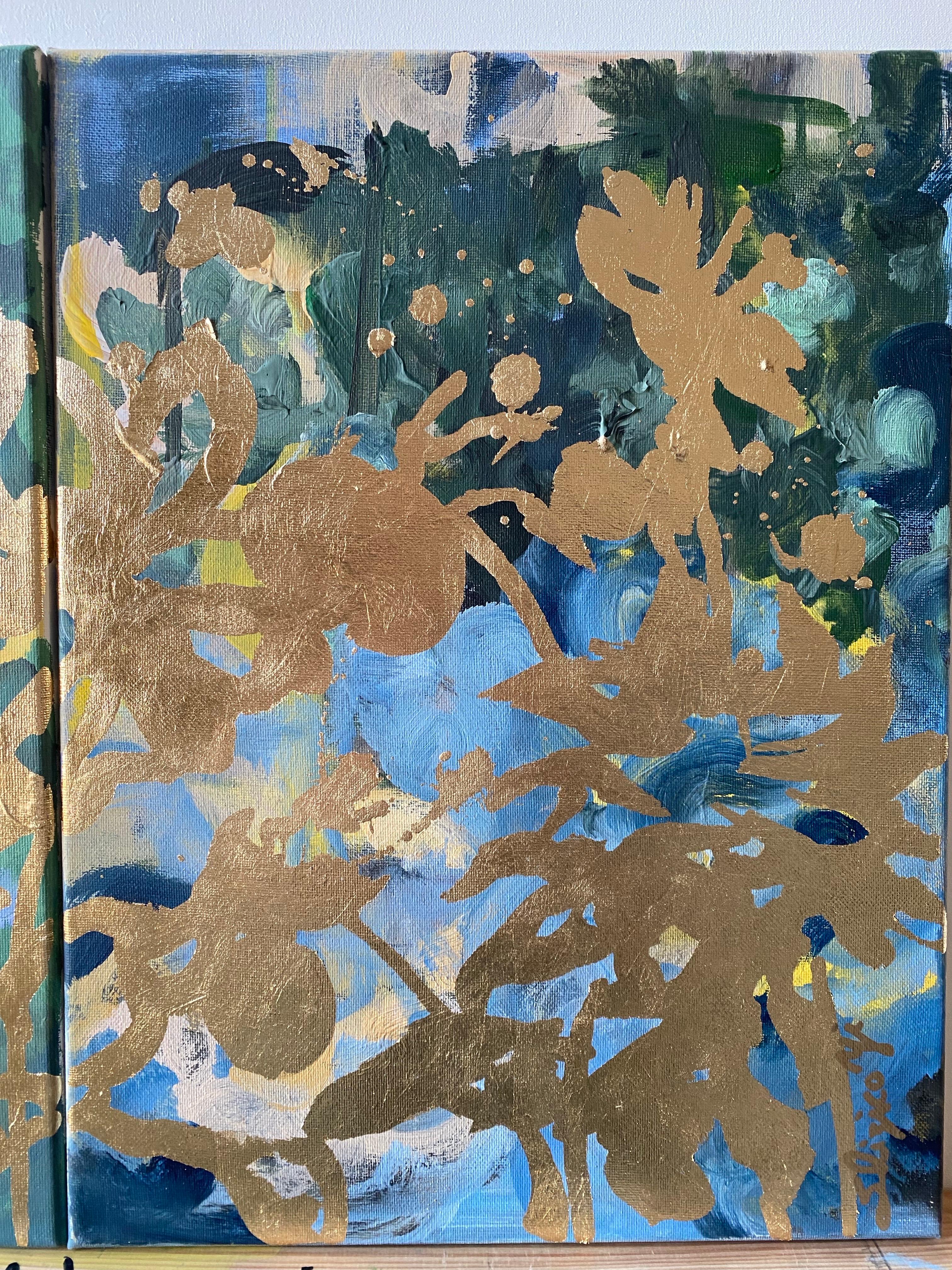 Diptyque d'origine - Mémoires de paysage - Artiste britannique primé - Feuille d'or et huile - Or Landscape Painting par Shizico Yi