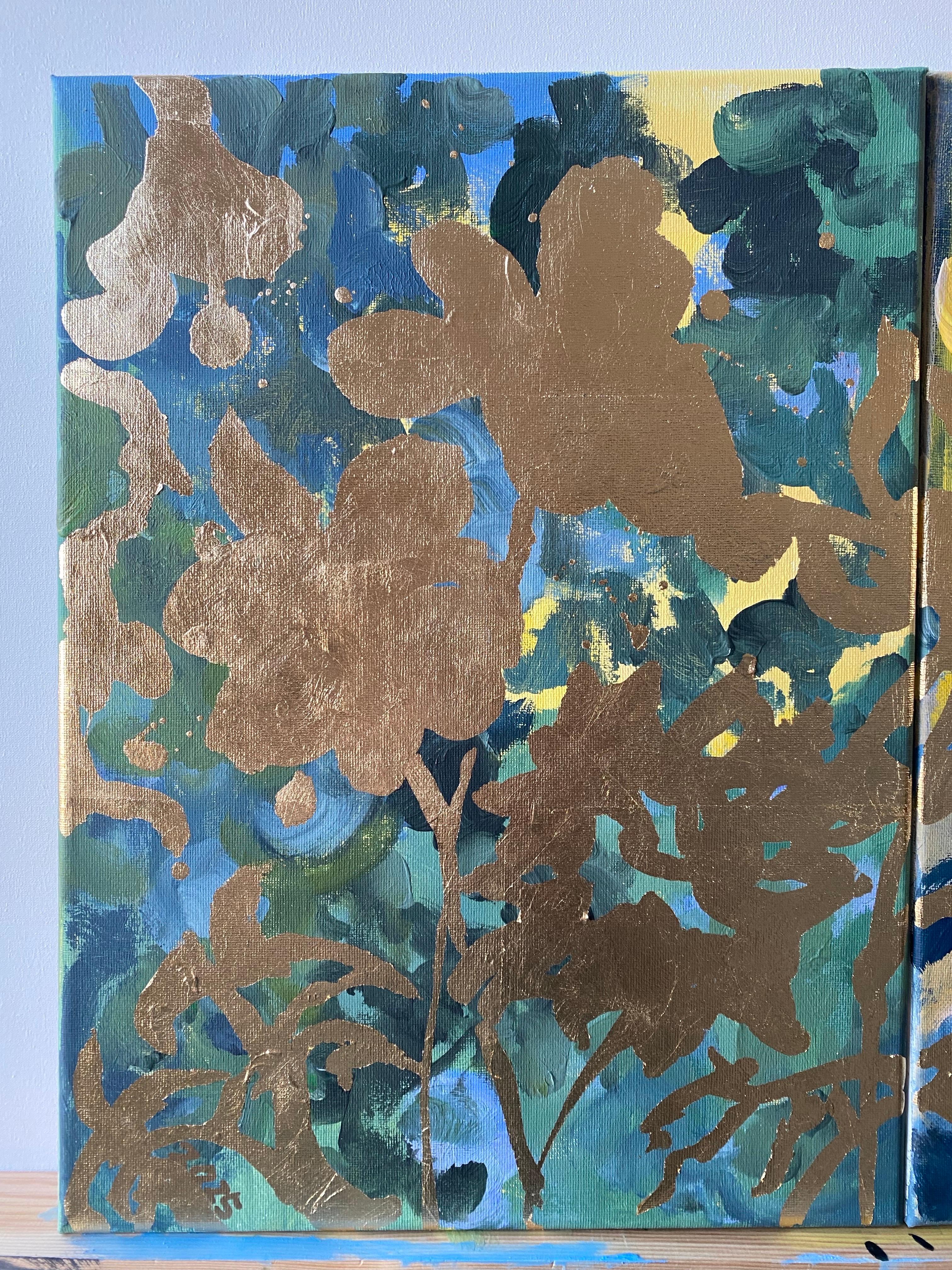 Diptyque d'origine - Mémoires de paysage - Artiste britannique primé - Feuille d'or et huile - Impressionnisme abstrait Painting par Shizico Yi