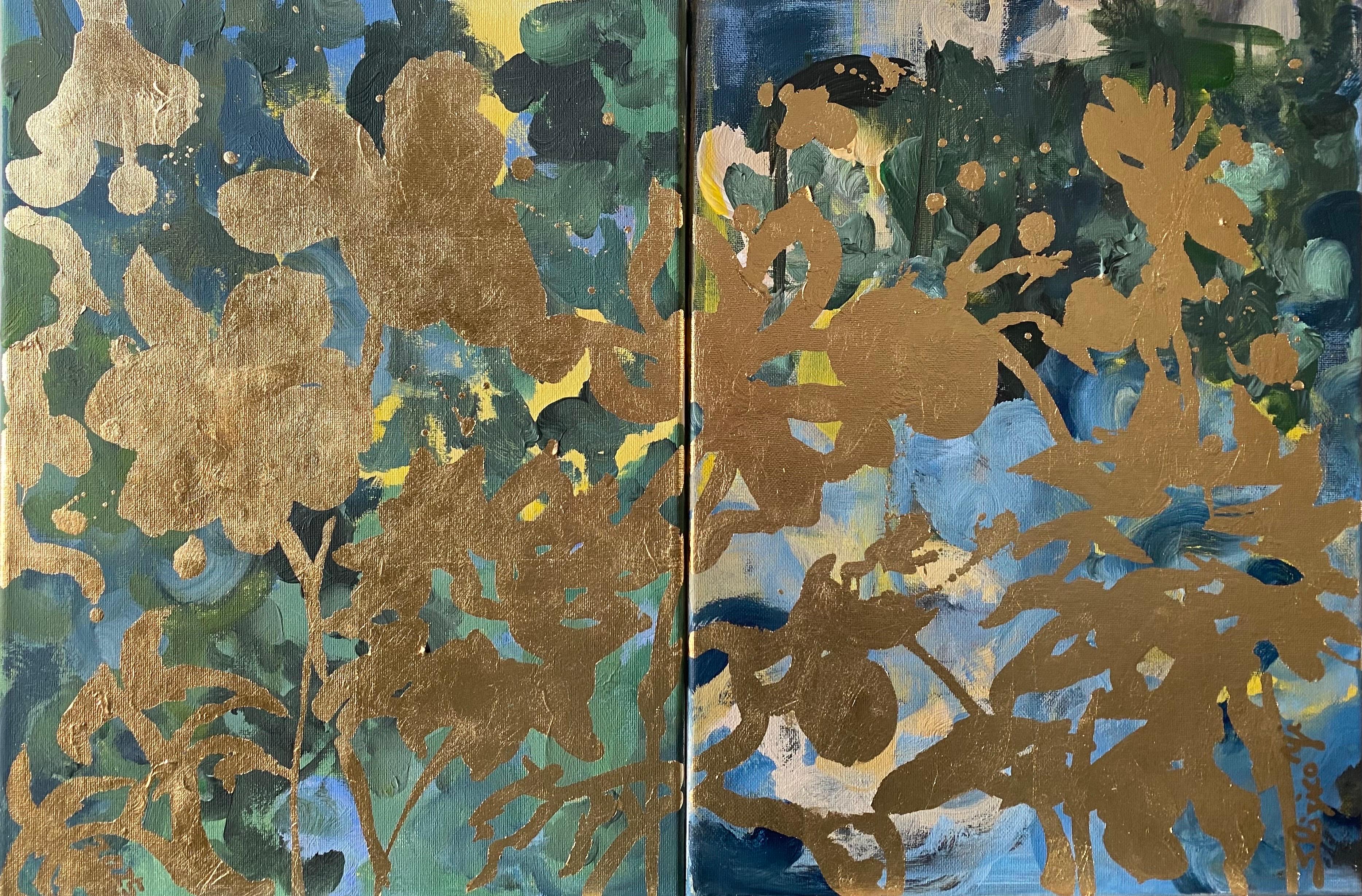 Trittico originale Memorie di paesaggio-Foglia d'oro con olio-Artista britannico premiato in vendita 1