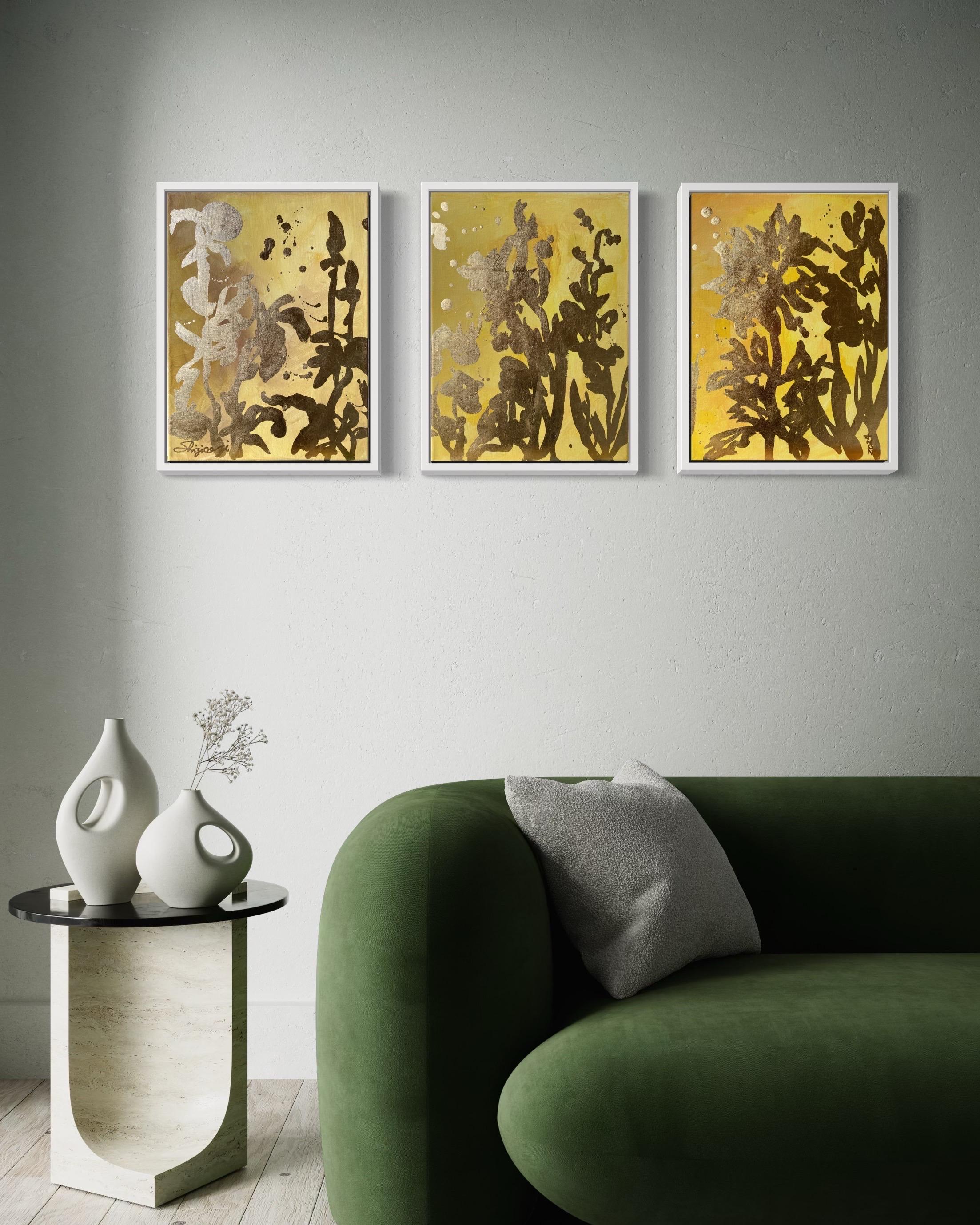 Trittico originale Memorie del paesaggio-Artista britannico premiato-Foglia d'oro e olio - Painting di Shizico Yi