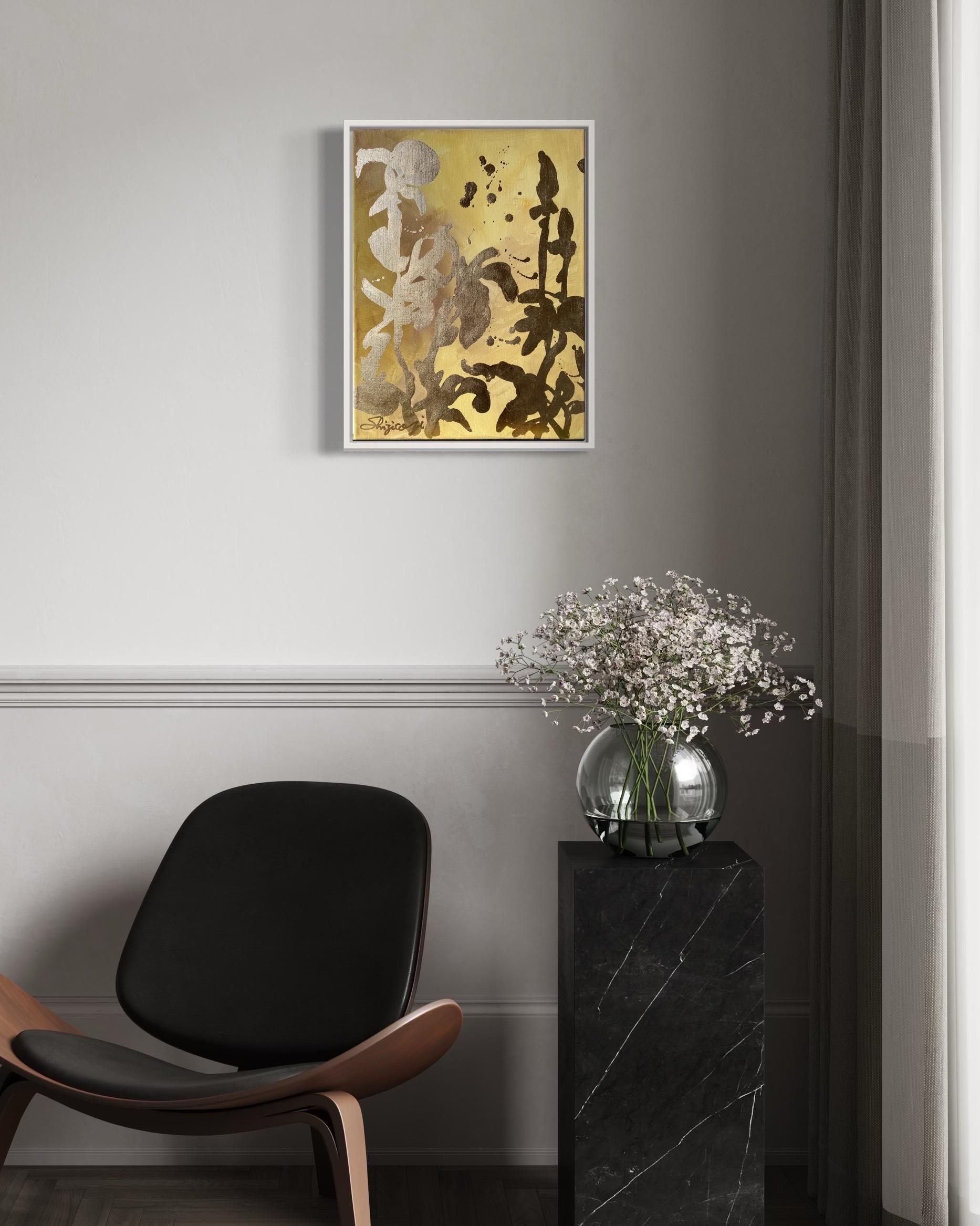 Set originale di 6 Ricordi di paesaggio-Foglia d'oro con olio-Artista britannico premiato - Landscape Painting Oro di Shizico Yi