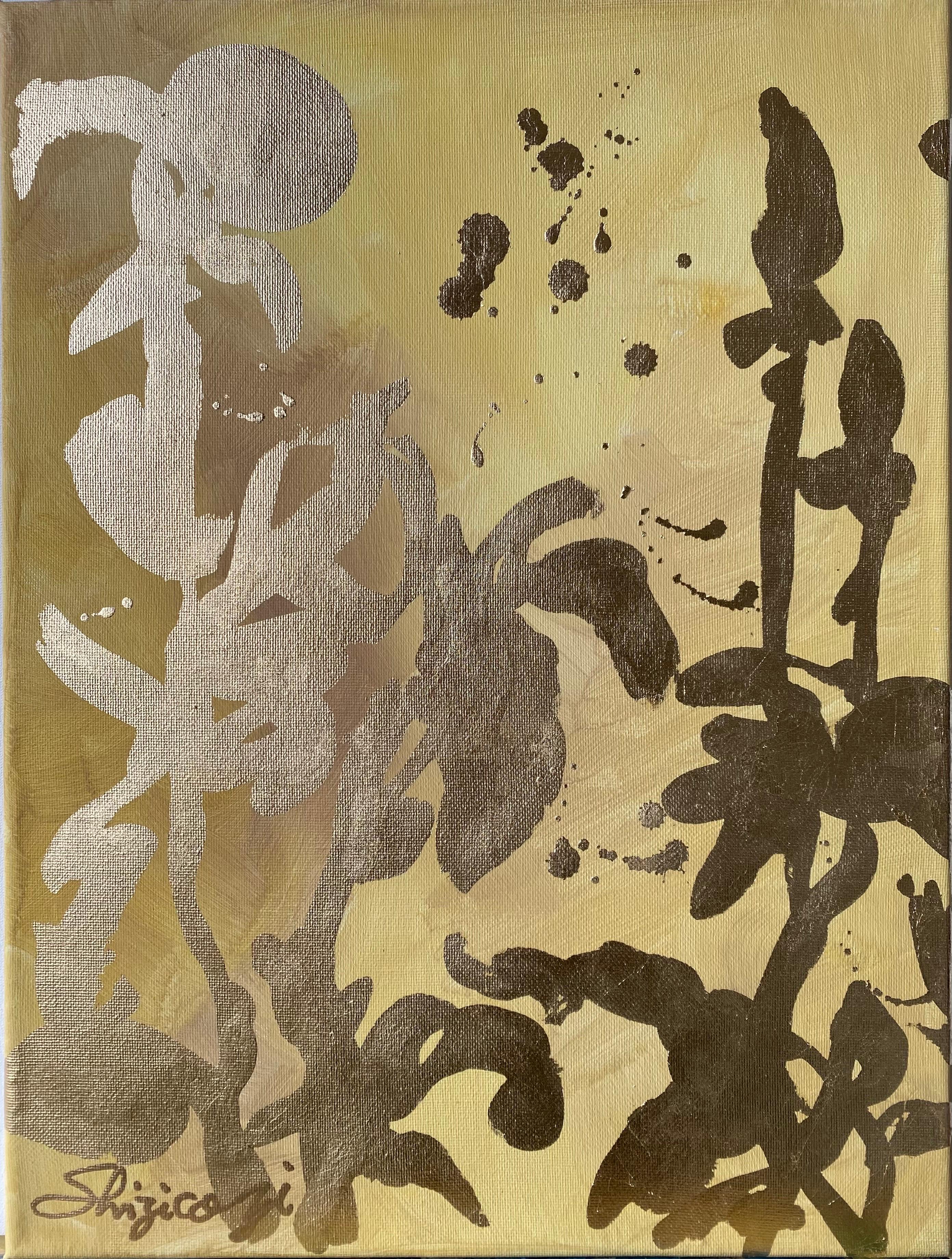 Shizico's unique approach to paintings, erasing, rewriting, and destroying the landscape in the background through bold strokes of gold leaf on the top layers in this series, works on the concept of bringing distraction to creation. The series