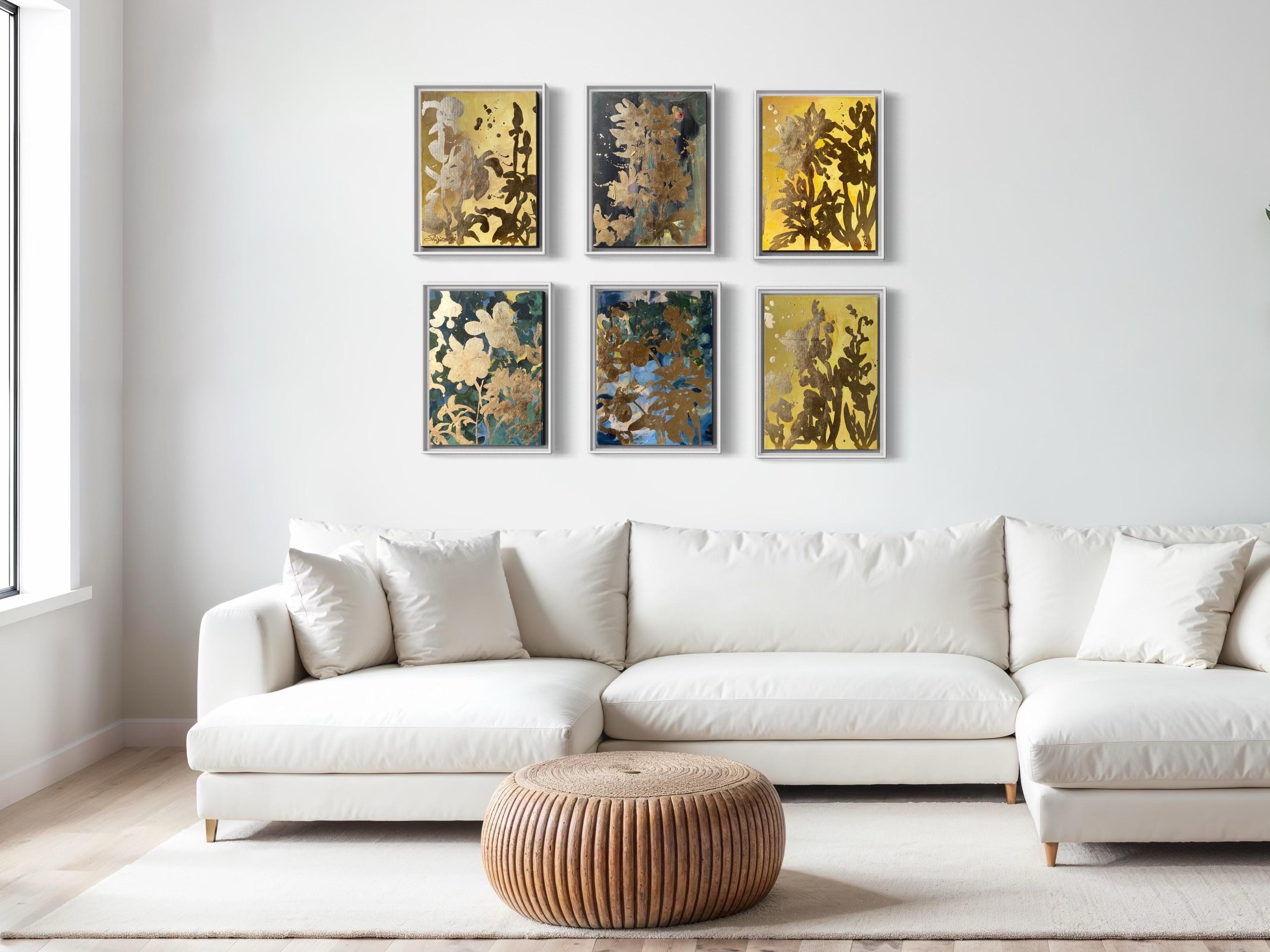 Set originale di 6 Ricordi di paesaggio-Foglia d'oro con olio-Artista britannico premiato - Painting di Shizico Yi