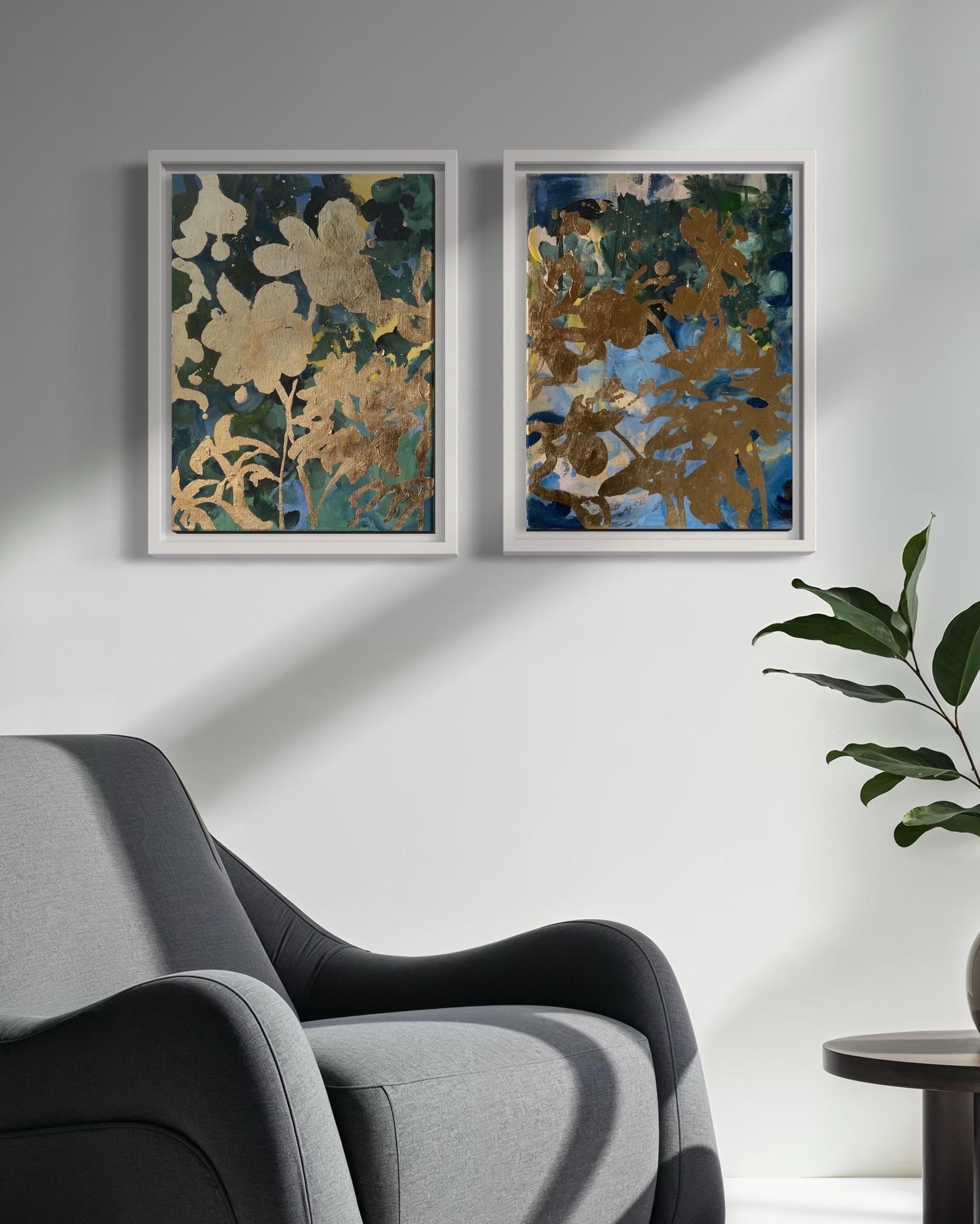 Diptyque d'origine - Mémoires de paysage - Artiste britannique primé - Feuille d'or et huile - Painting de Shizico Yi