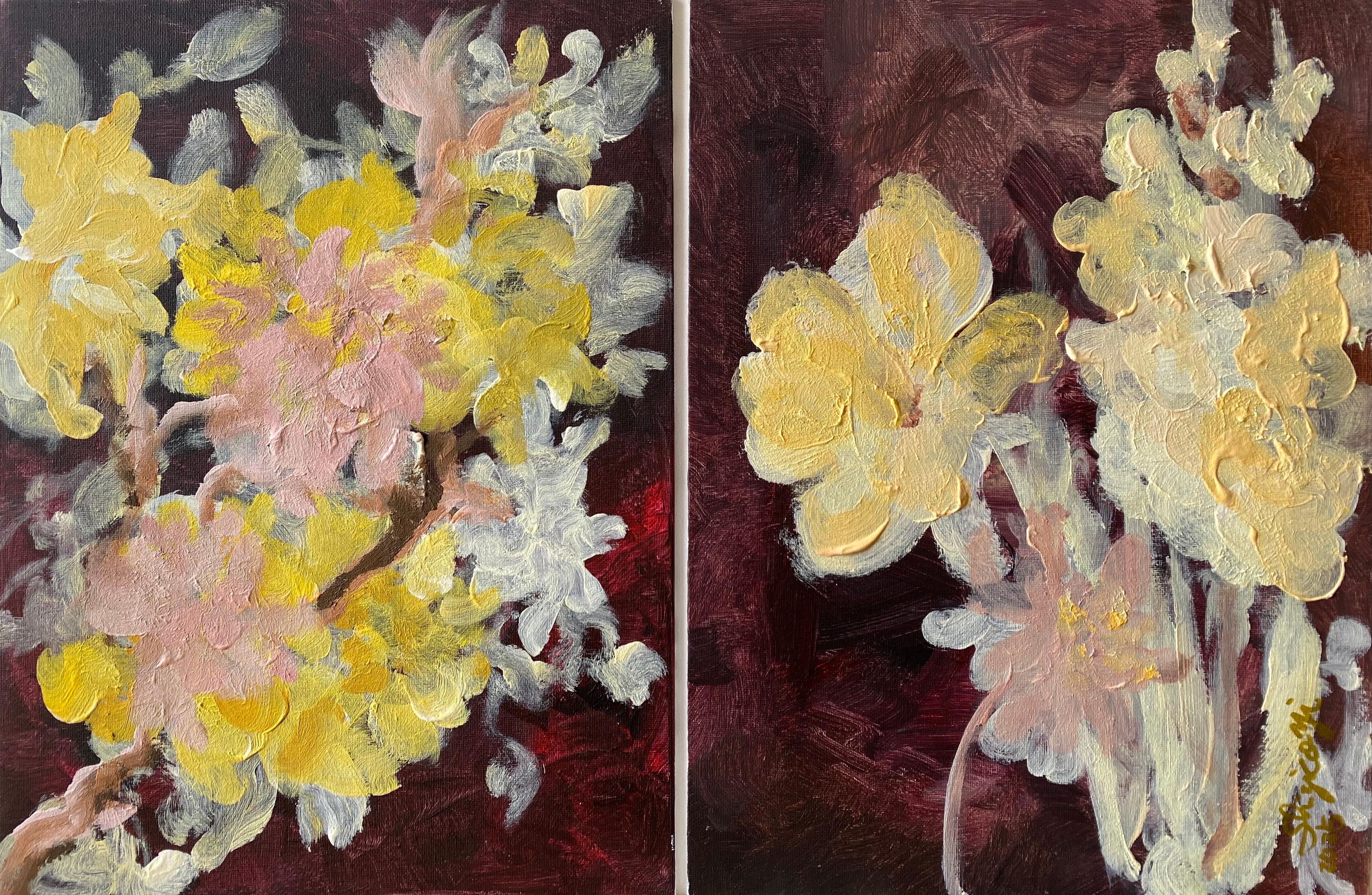 Díptico original-Artista británico galardonado-Impasto, óleo-Serie Jardin d'Hiver